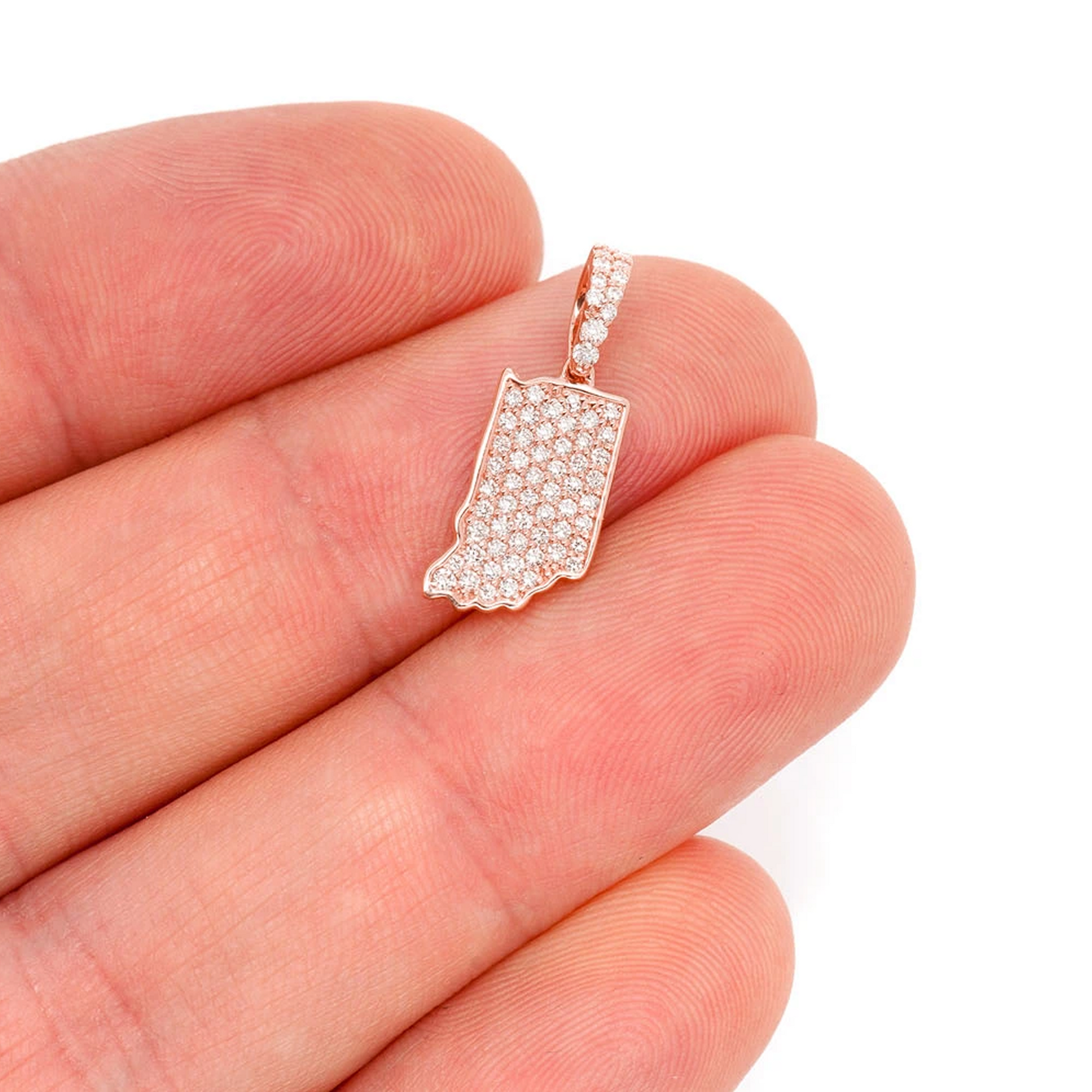 US State Diamond Pendant in 14K rose gold, Indiana design, angled view