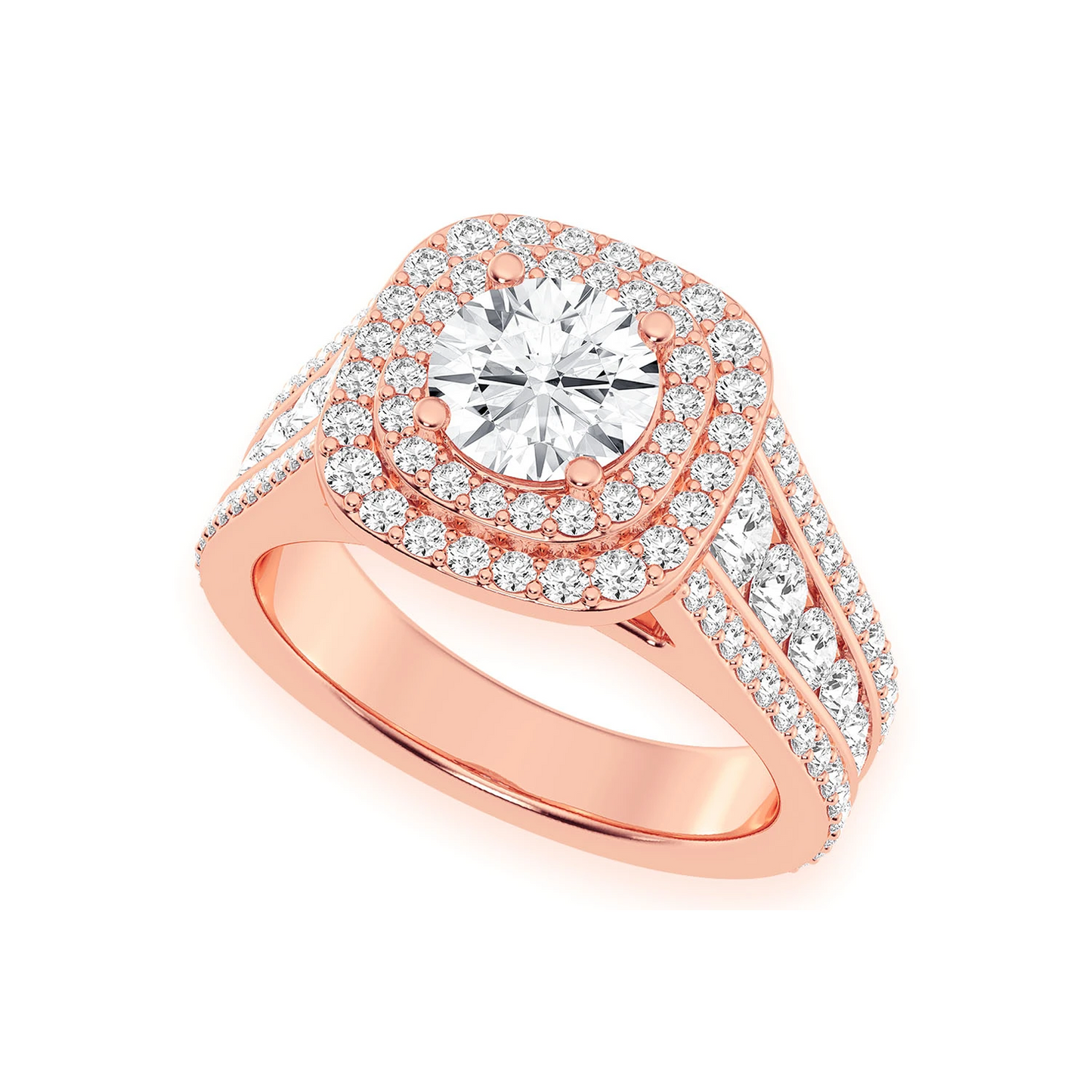 Fancy Three Row Double Halo Diamond Ring in 14K rose gold, angled view