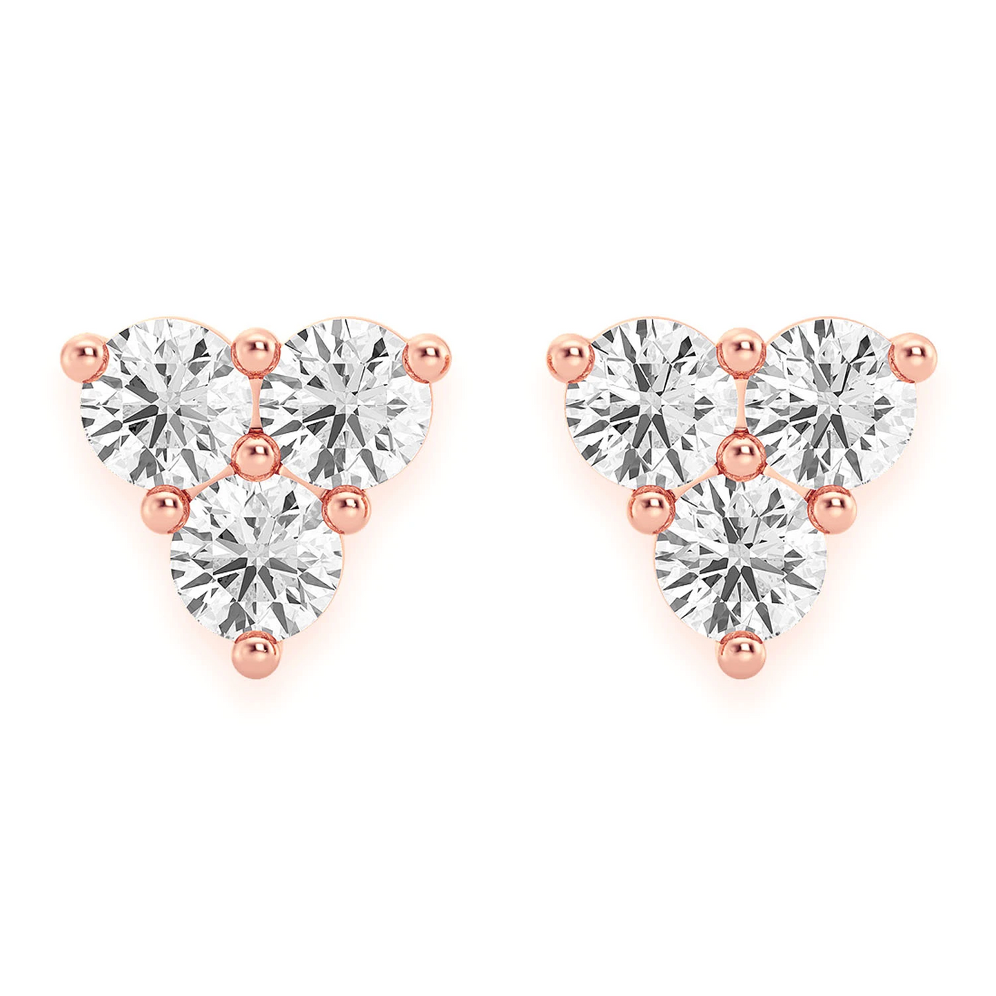 Triangle Diamond Studs in 14K rose gold, Three-Stone, front view