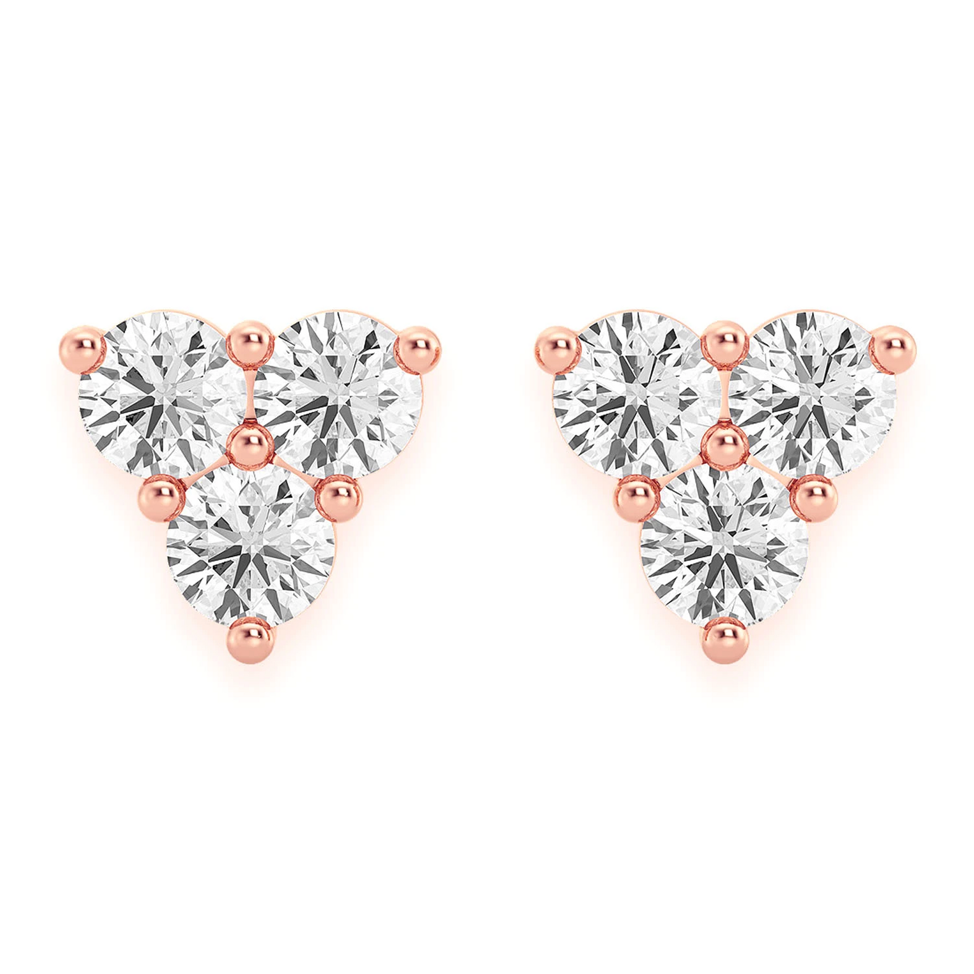 Triangle Diamond Studs in 14K rose gold, Three-Stone, front view