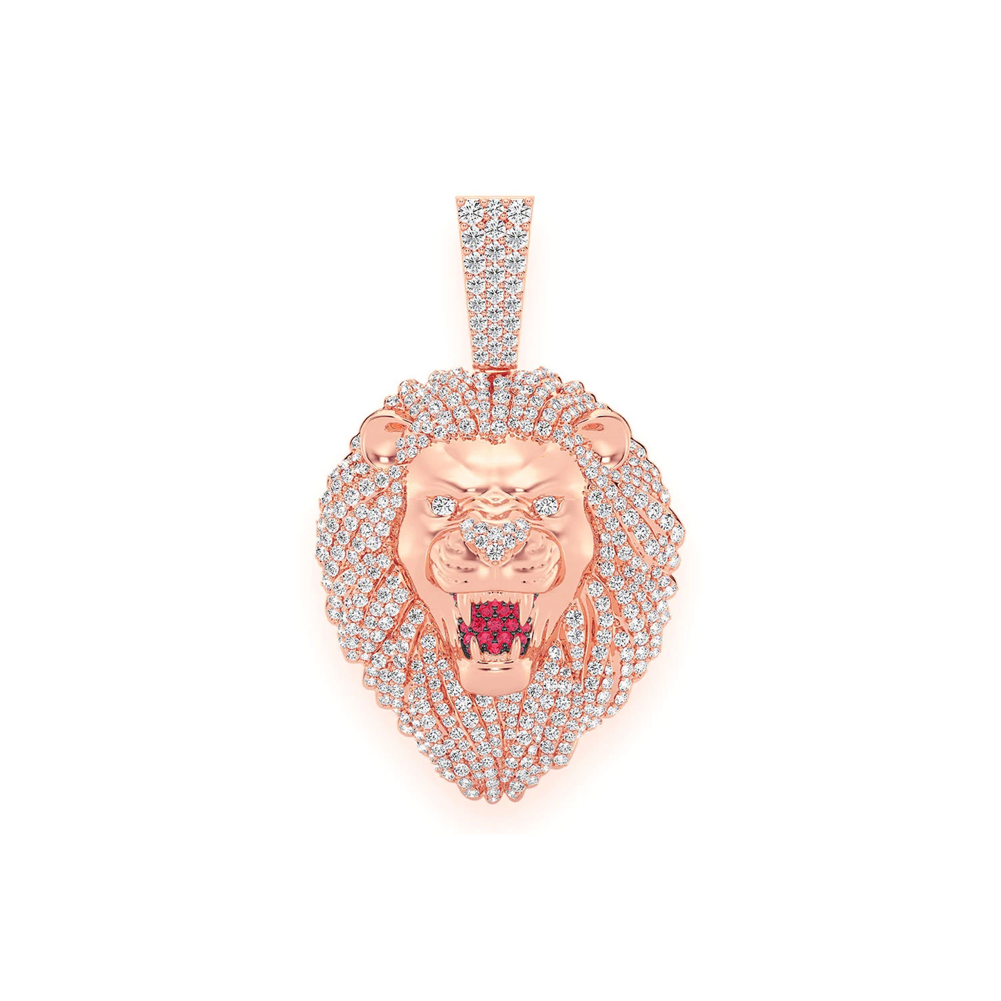 Roaring Lion Diamond Pendant in 14K rose gold, Signature | Ruby Set Mouth | 3.20ctw, front view
