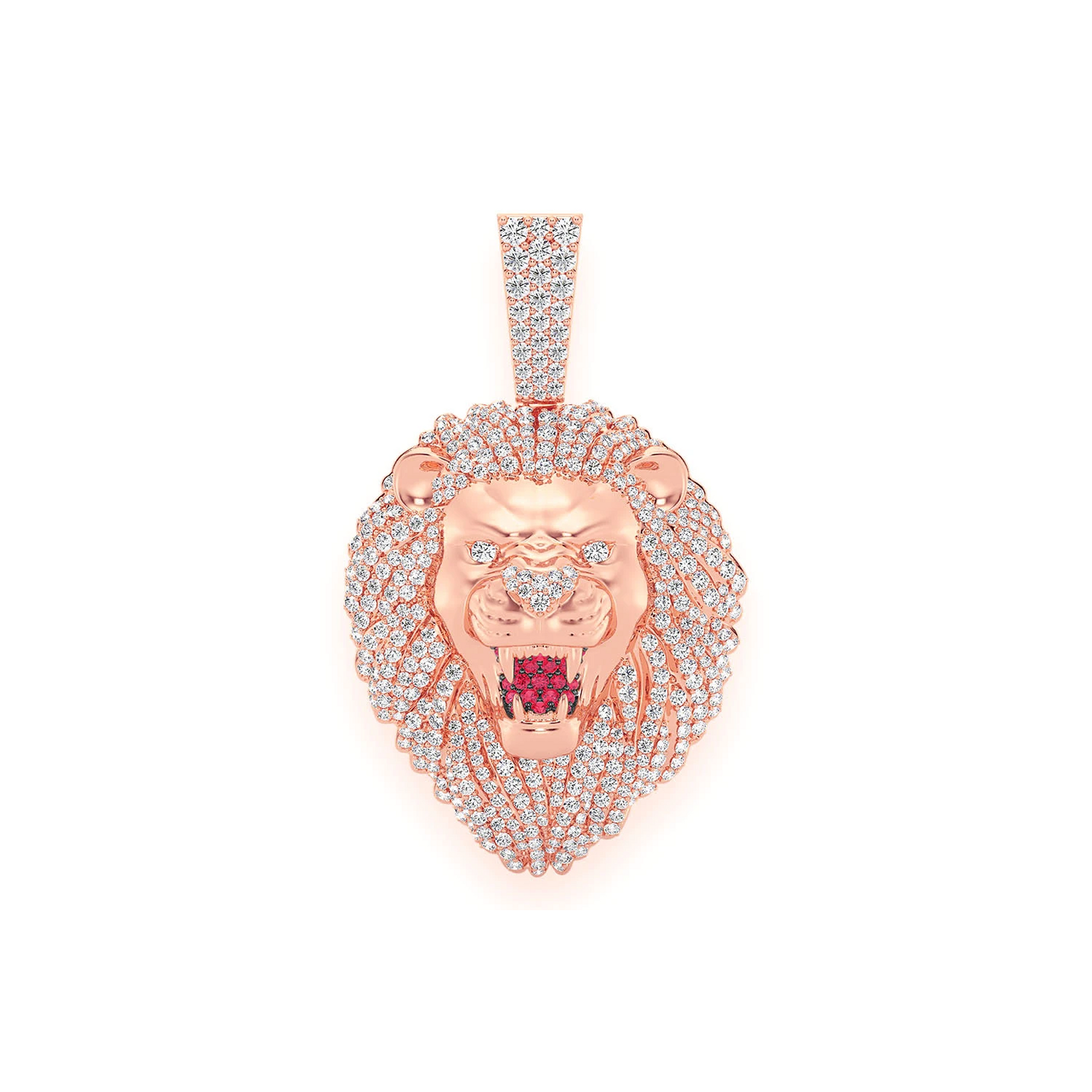 Roaring Lion Diamond Pendant in 14K rose gold, Signature | Ruby Set Mouth | 3.20ctw, front view