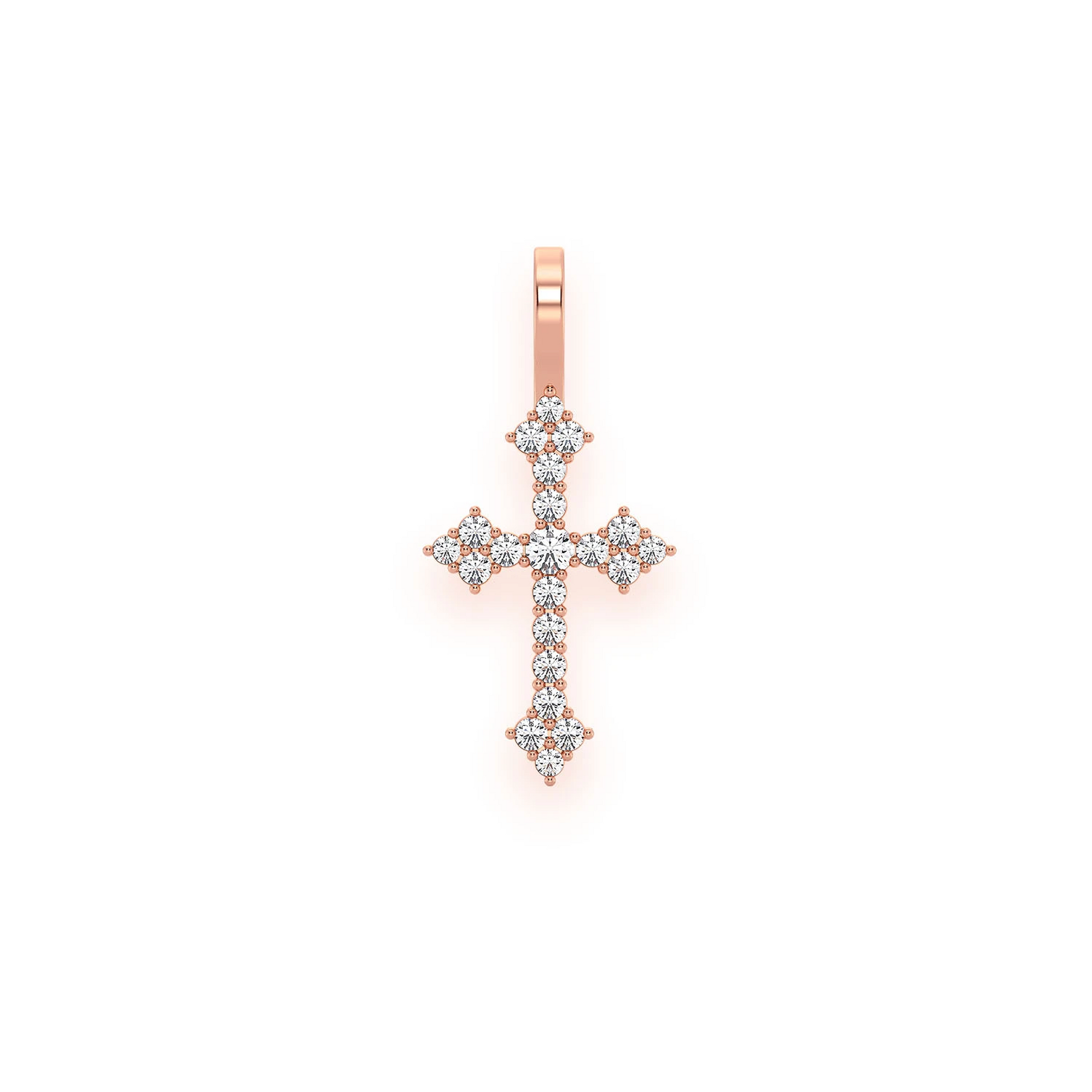 Three Point Diamond Cross Pendant in 14K rose gold, Signature | 0.15ctw, front view