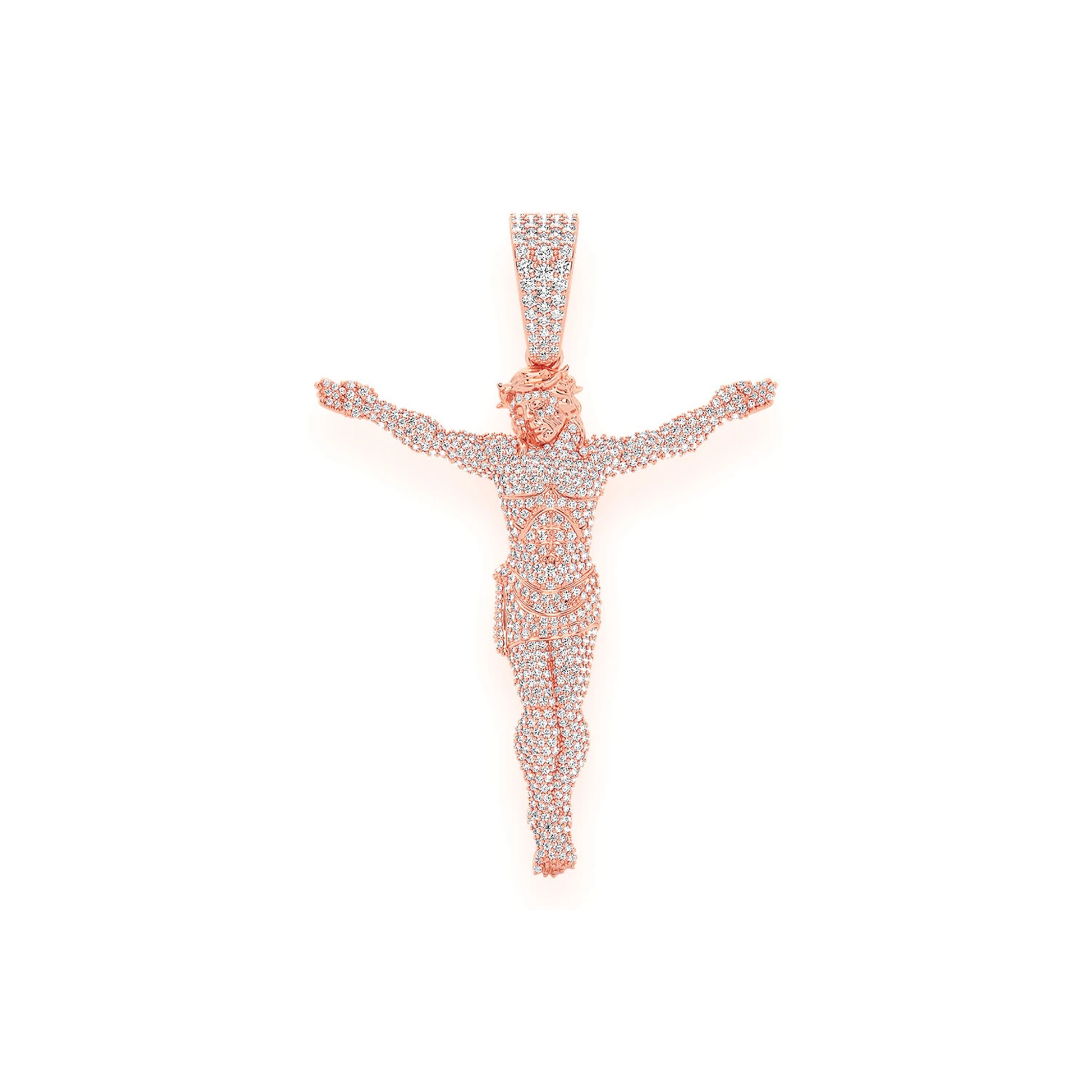 Jesus Crucifix Diamond Pendant in 14K rose gold, Statement | 3.30ctw | Iced Out, front view