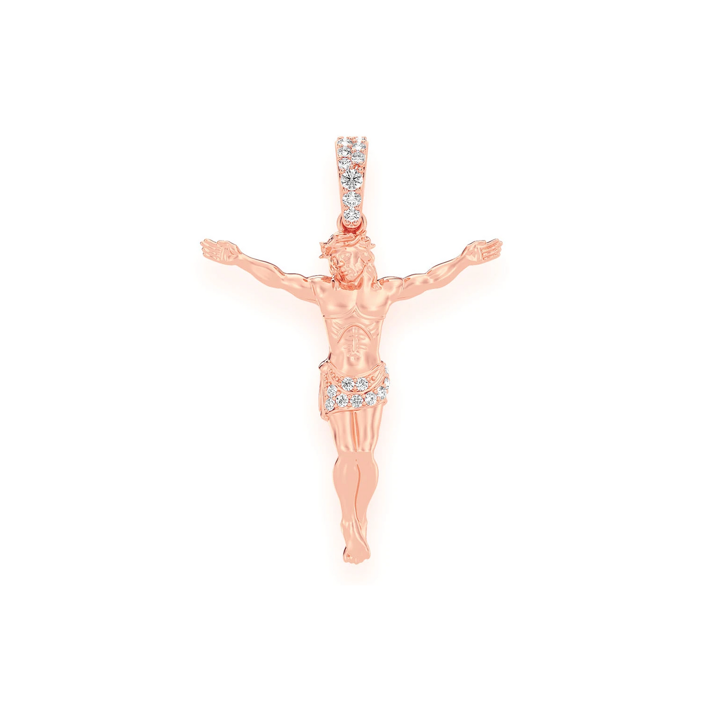 Jesus Crucifix Diamond Pendant in 14K rose gold, Signature | 0.10ctw | Half-Diamond, front view