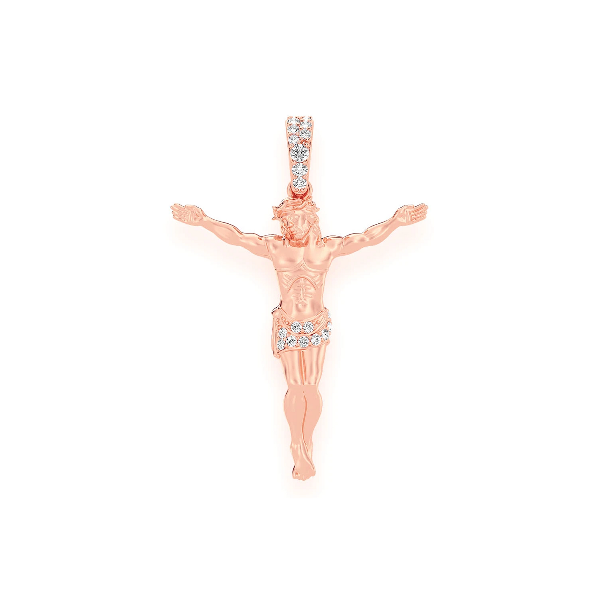 Jesus Crucifix Diamond Pendant in 14K rose gold, Signature | 0.10ctw | Half-Diamond, front view