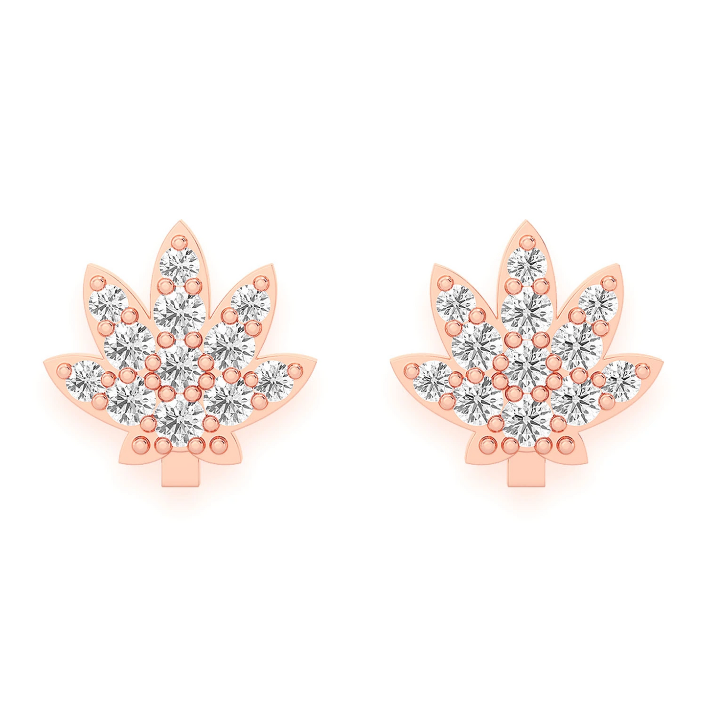 Cannabis Leaf Diamond Studs in 14K rose gold, Mini, front view