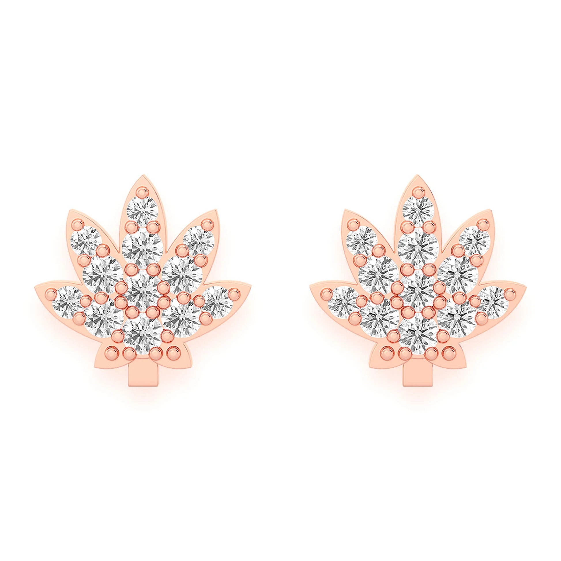 Cannabis Leaf Diamond Studs in 14K rose gold, Mini, front view