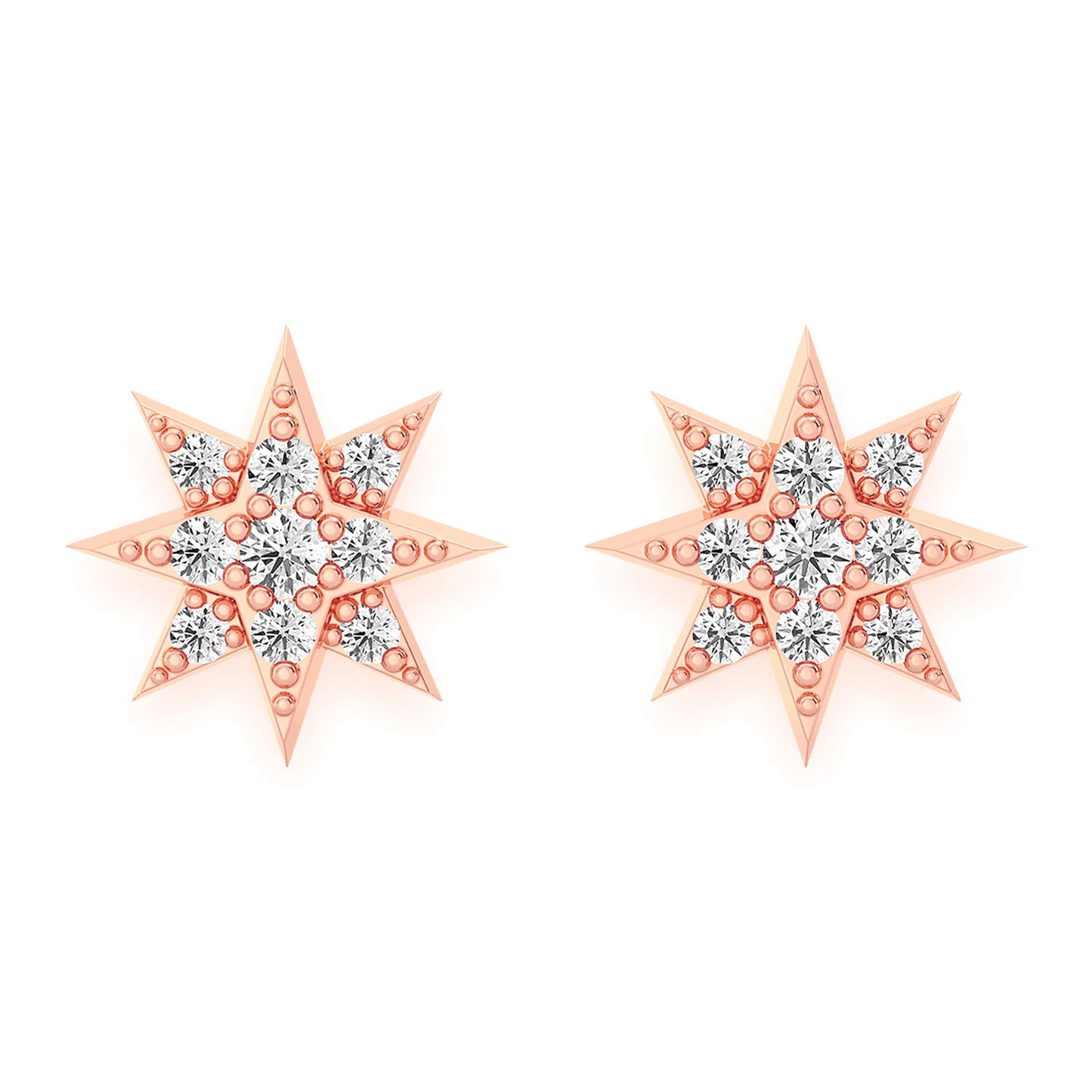 Eight Point Star Diamond Studs in 14K rose gold, Accent, front view
