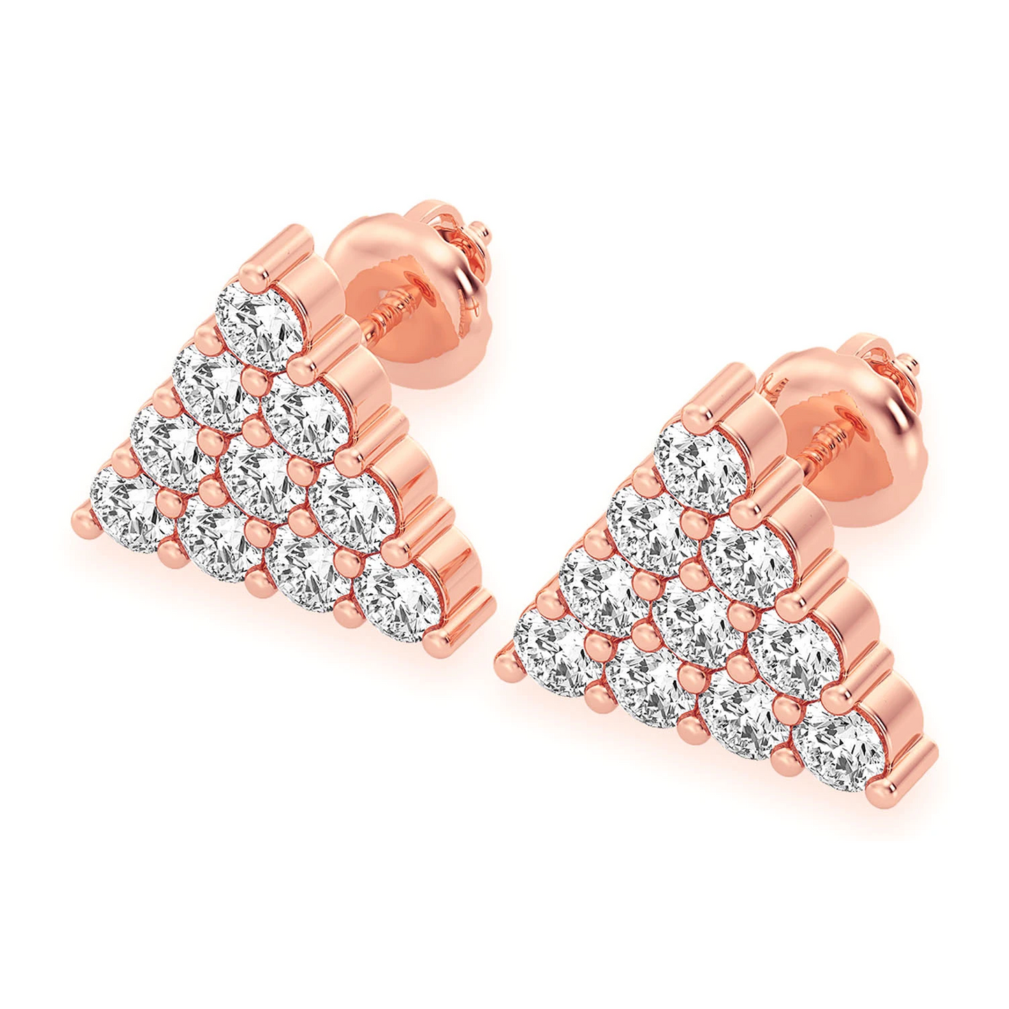 Triangle Diamond Studs in 14K rose gold, Stacked Pavé, front view 2