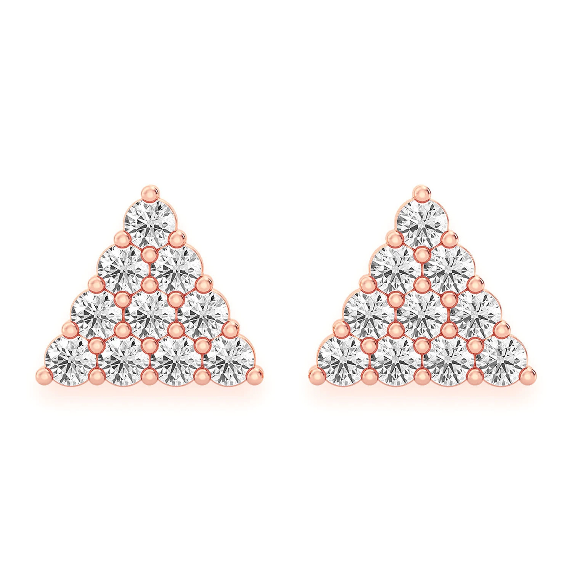 Triangle Diamond Studs in 14K rose gold, Stacked Pavé, front view