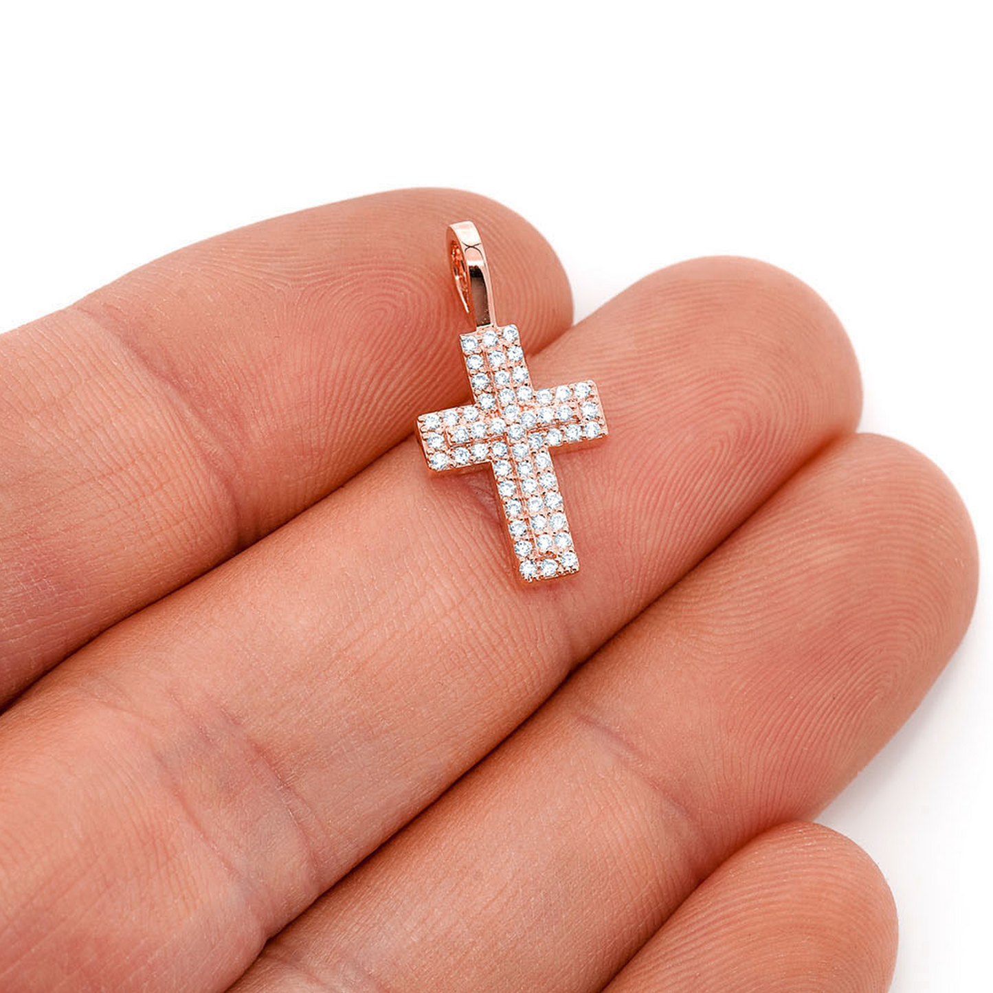 Layered Diamond Cross Pendant in 14K rose gold, worn view