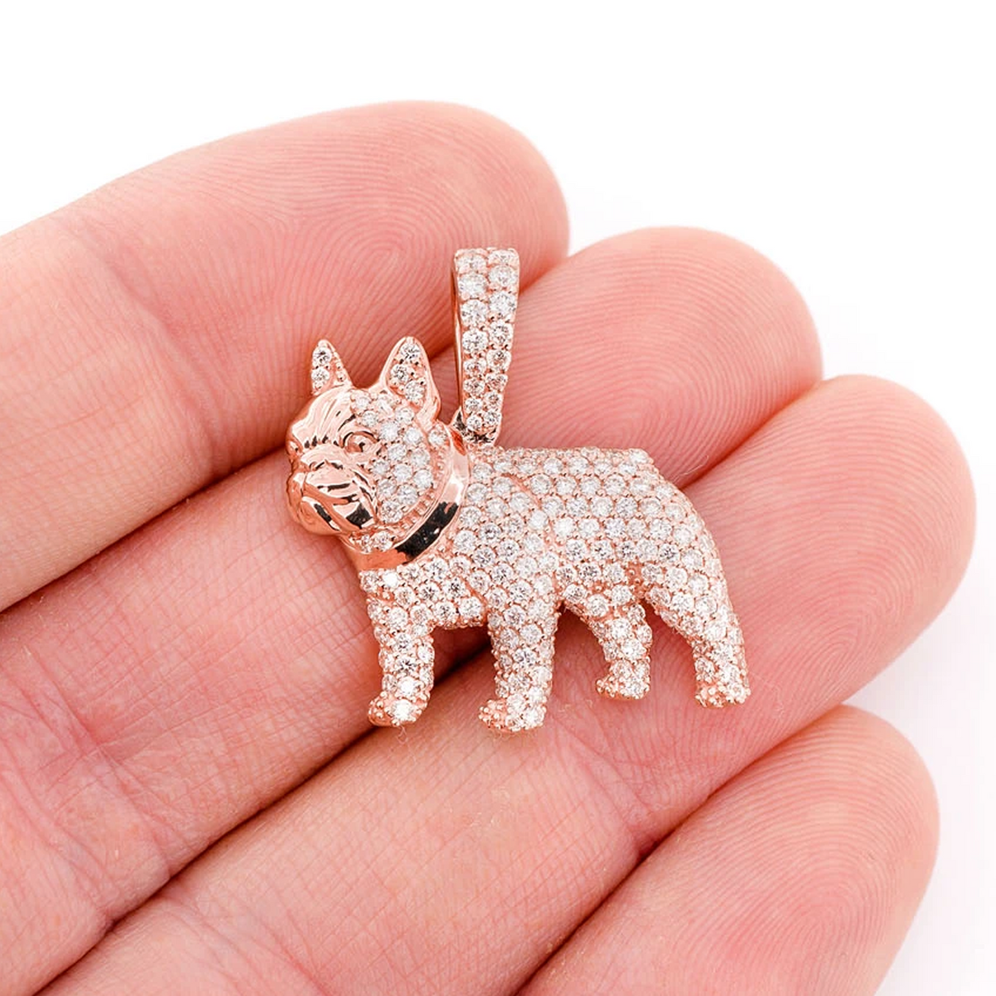 French Bulldog Diamond Pendant in 14K rose gold, Statement | 2.50ctw, worn view