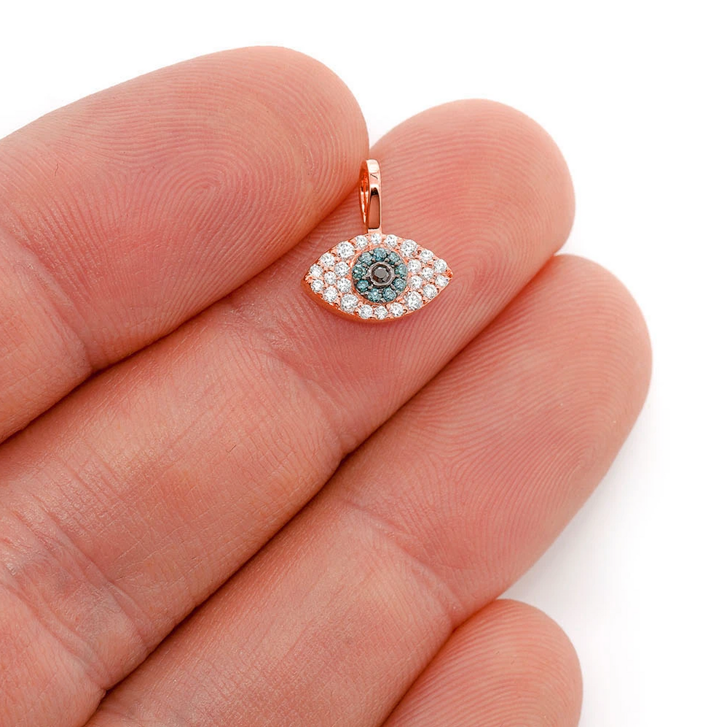 Evil Eye Diamond Pendant in 14K rose gold, worn view