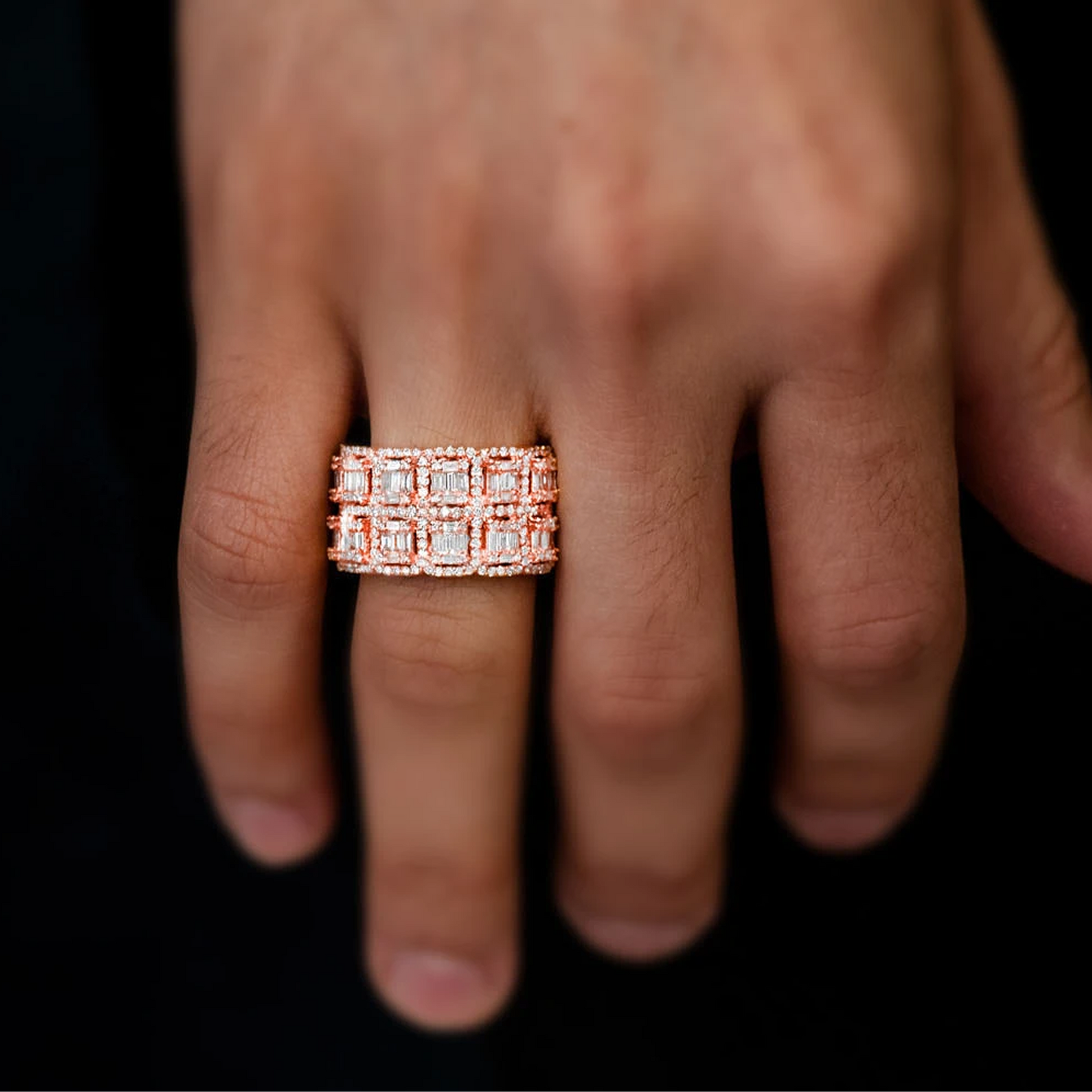 Baguette Border Diamond Ring in 14K rose gold, worn view