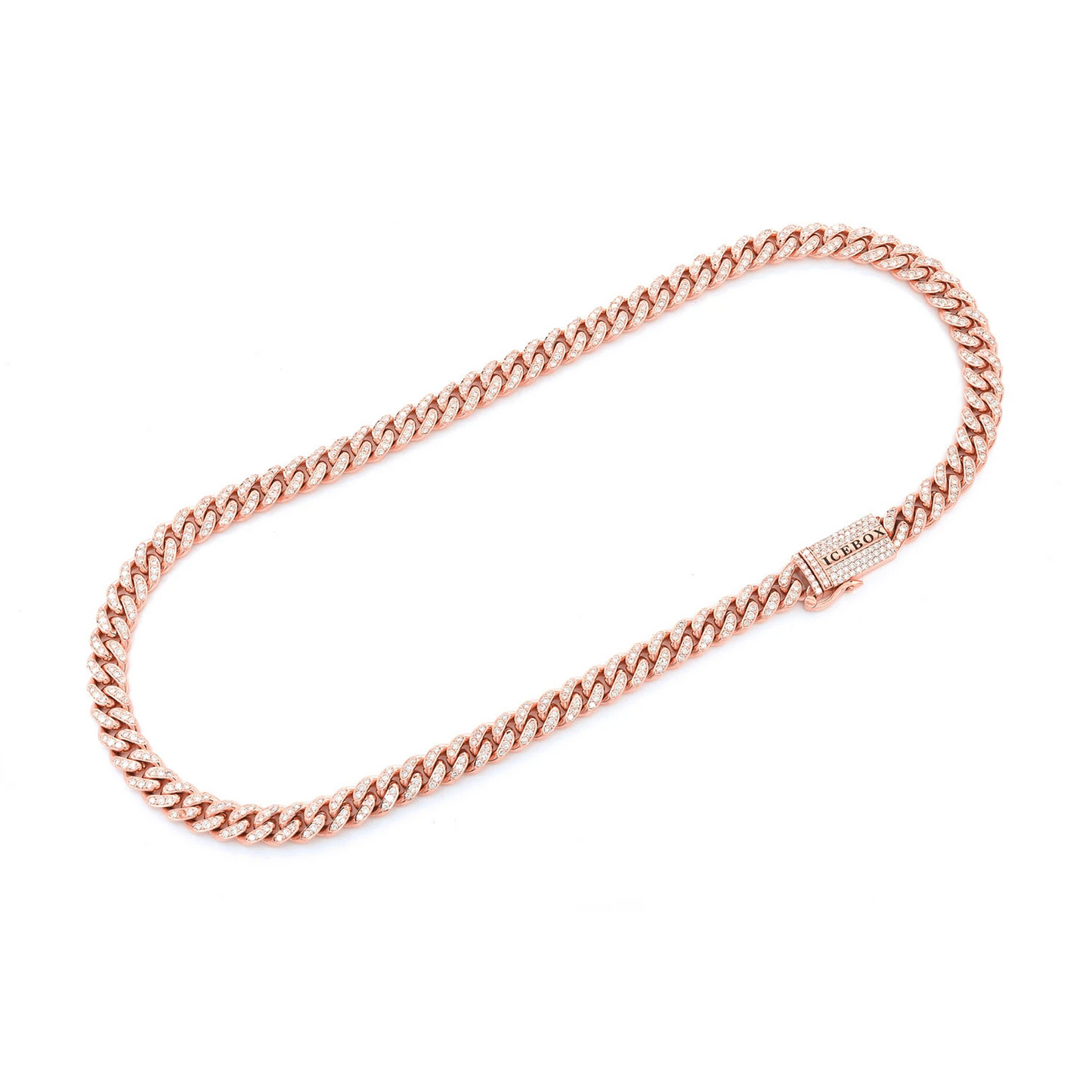 Iced Miami Cuban Necklace in 14K rose gold, 8mm / 9.00ctw width, full-length view