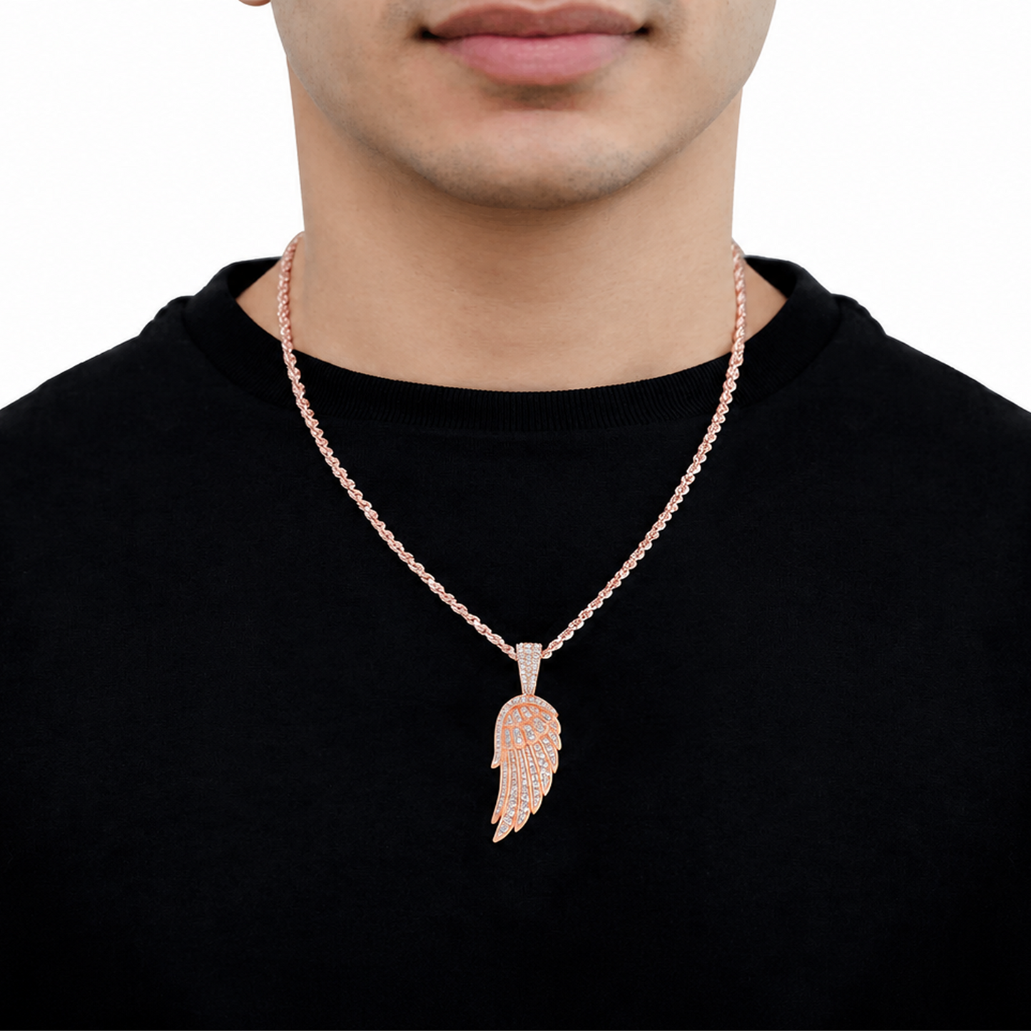 Angel Wing Feather Diamond Pendant in 14K rose gold, Statement | 2.35ctw, worn view