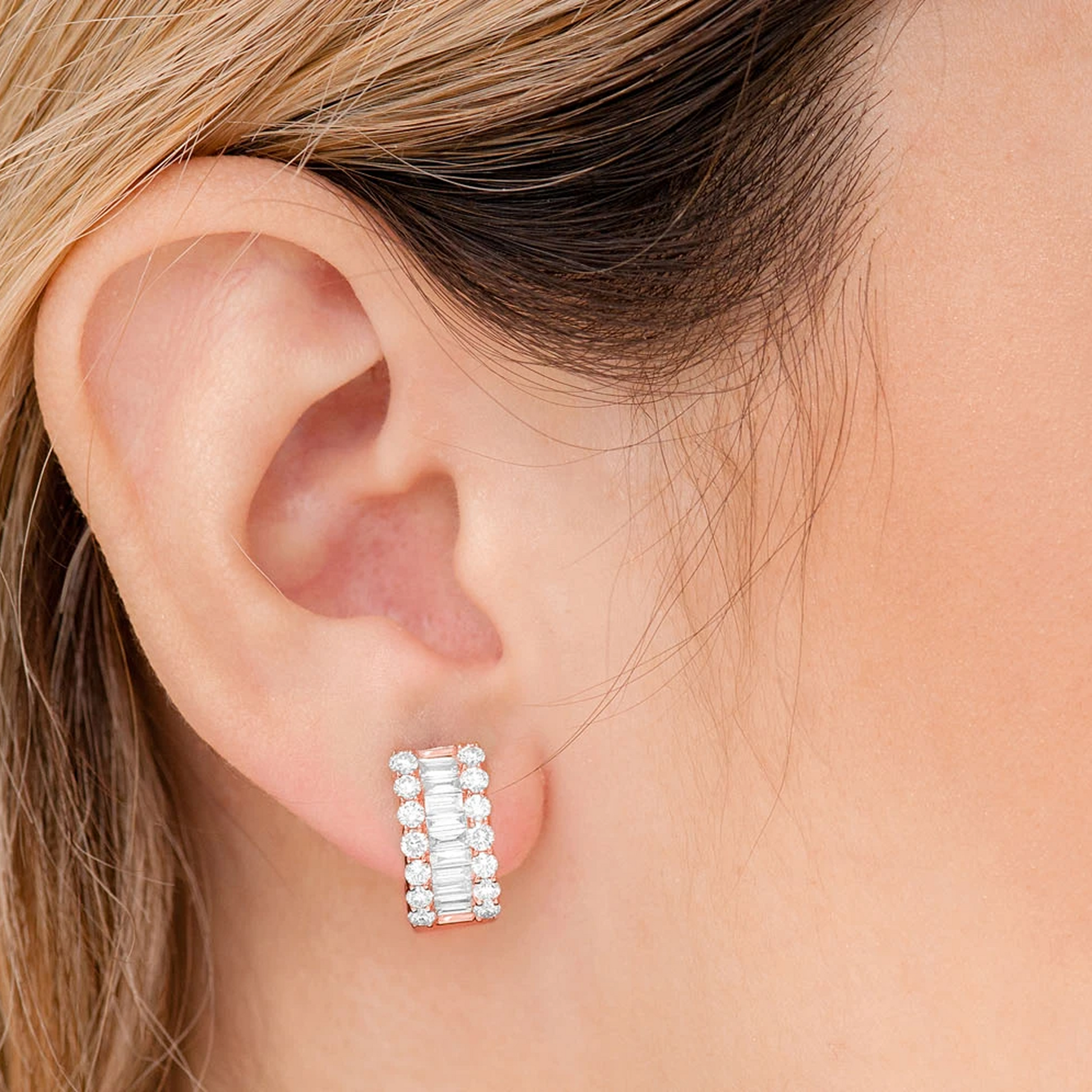 Baguette & Round Diamond Hoop Earrings in 14K rose gold, worn view