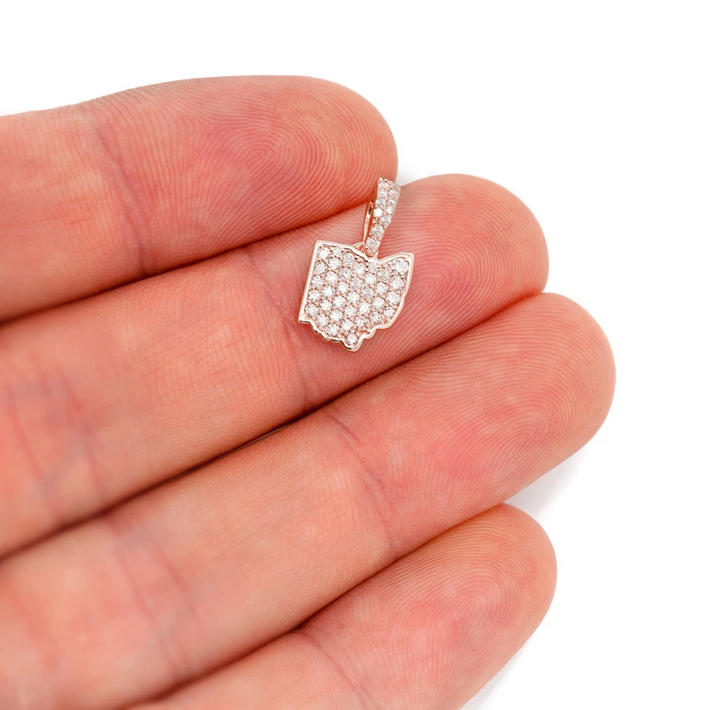 US State Diamond Pendant in 14K rose gold, Ohio design, angled view