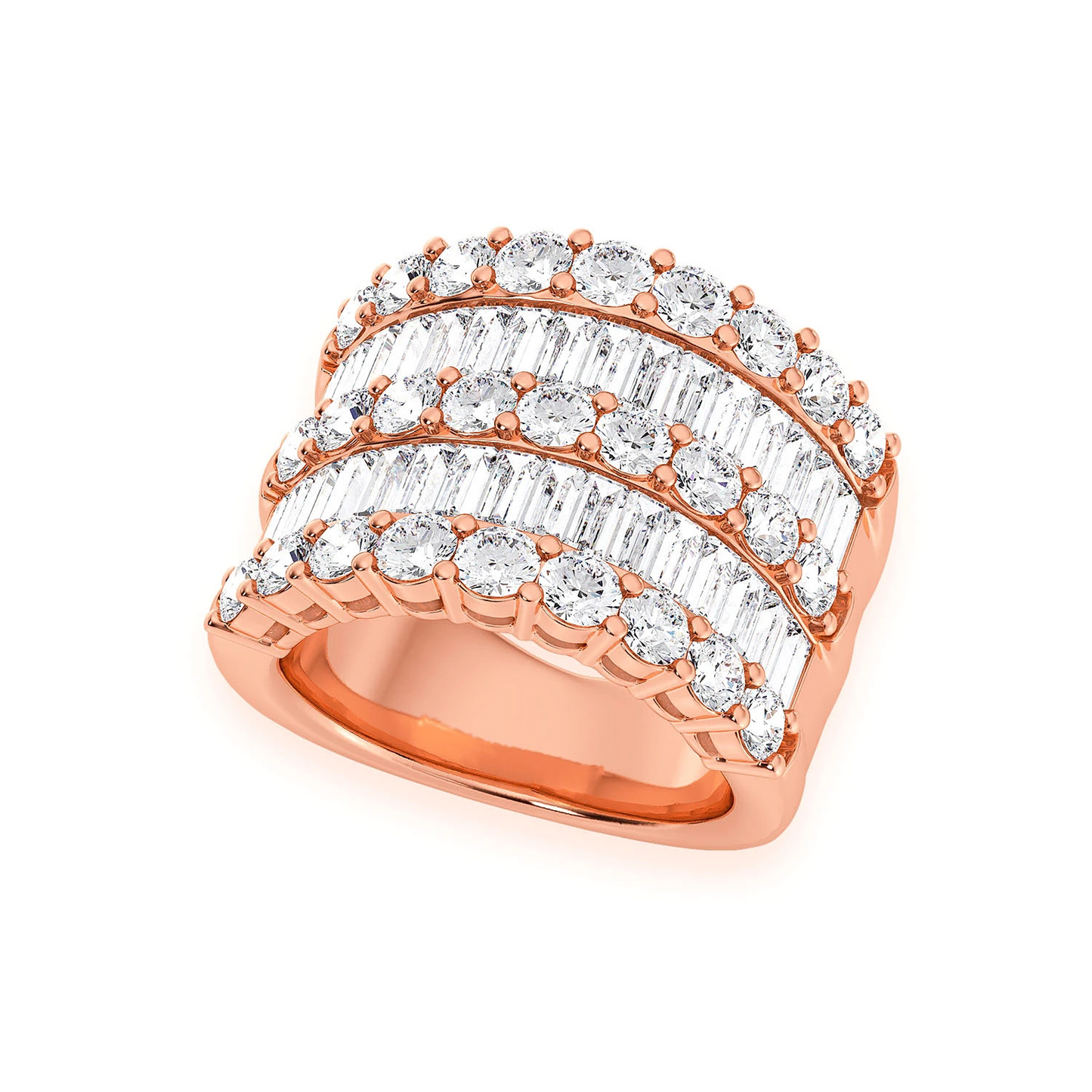 Three Row Round & Baguette Ring in 14K rose gold, side view