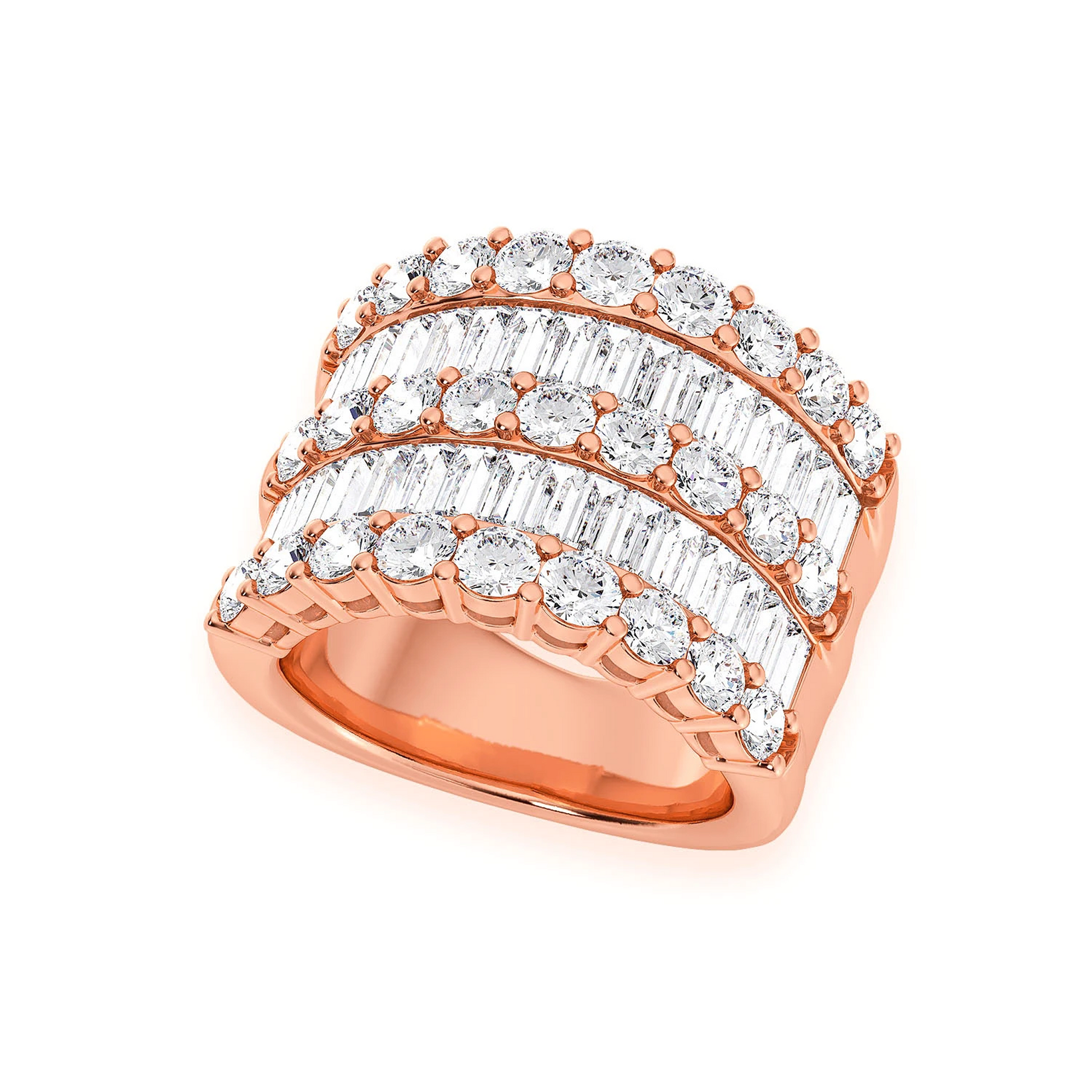 Three Row Round & Baguette Ring in 14K rose gold, side view