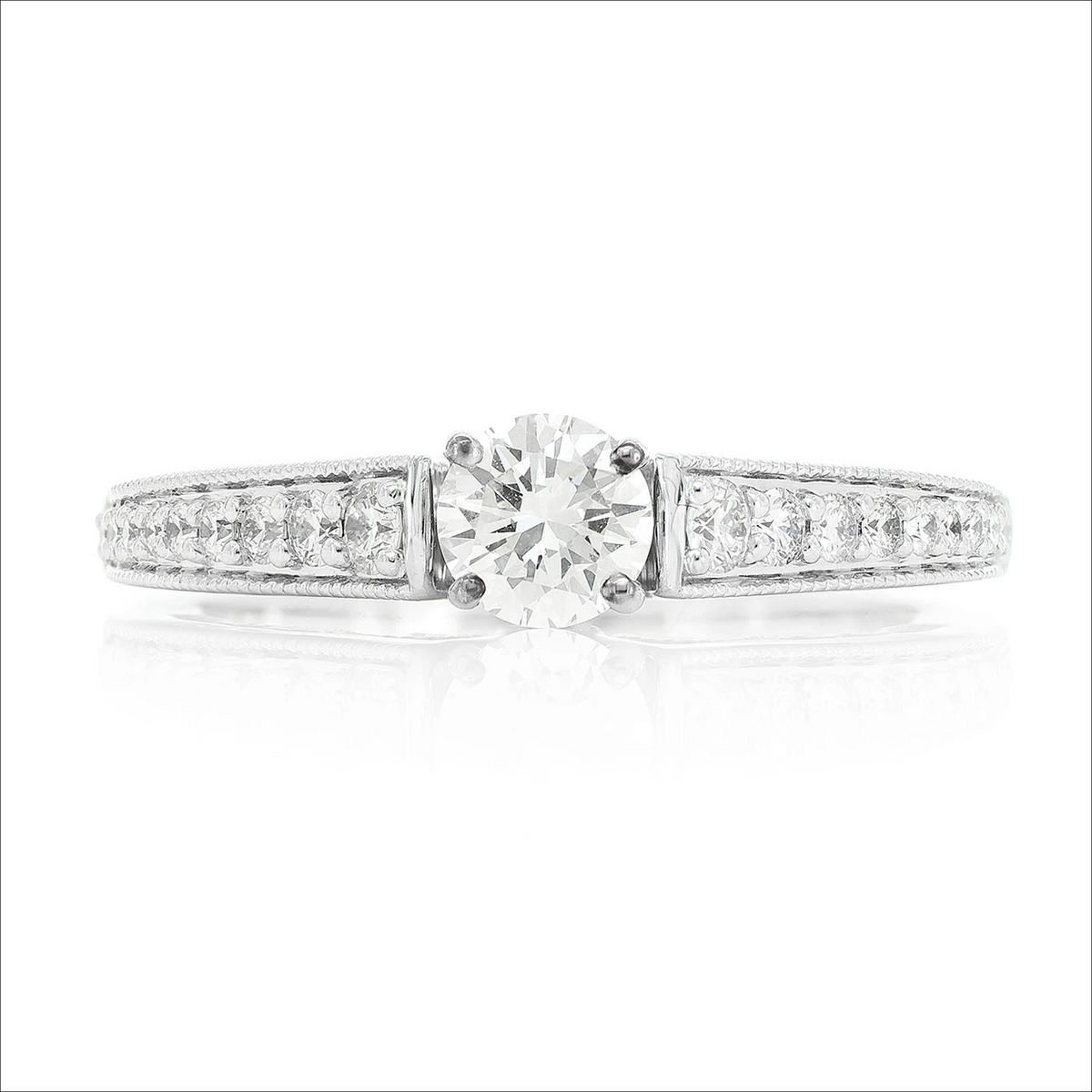 Round cathedral diamond engagement ring in 14K white gold