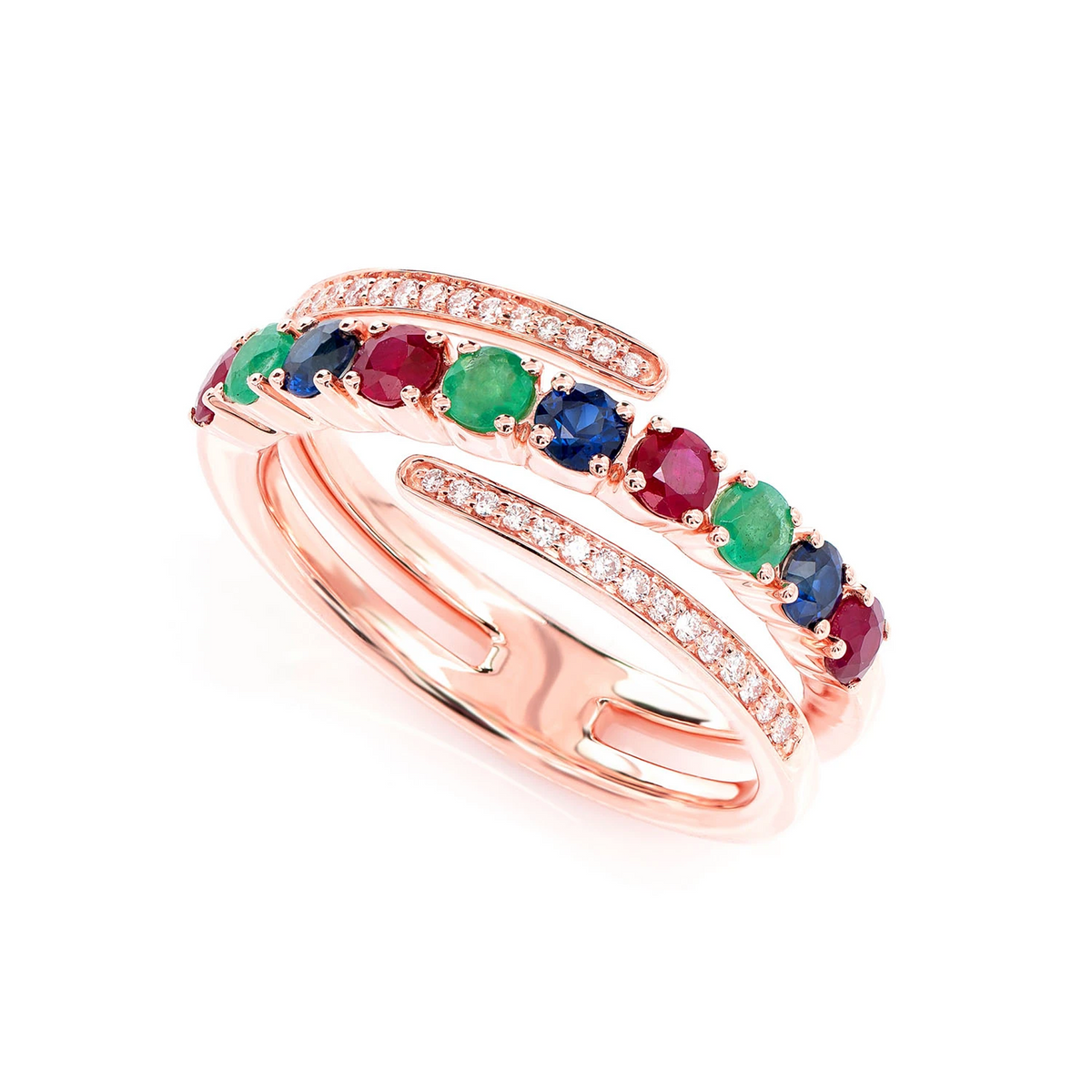 Tri Colored Gem and Diamond Semi Wrap Ring