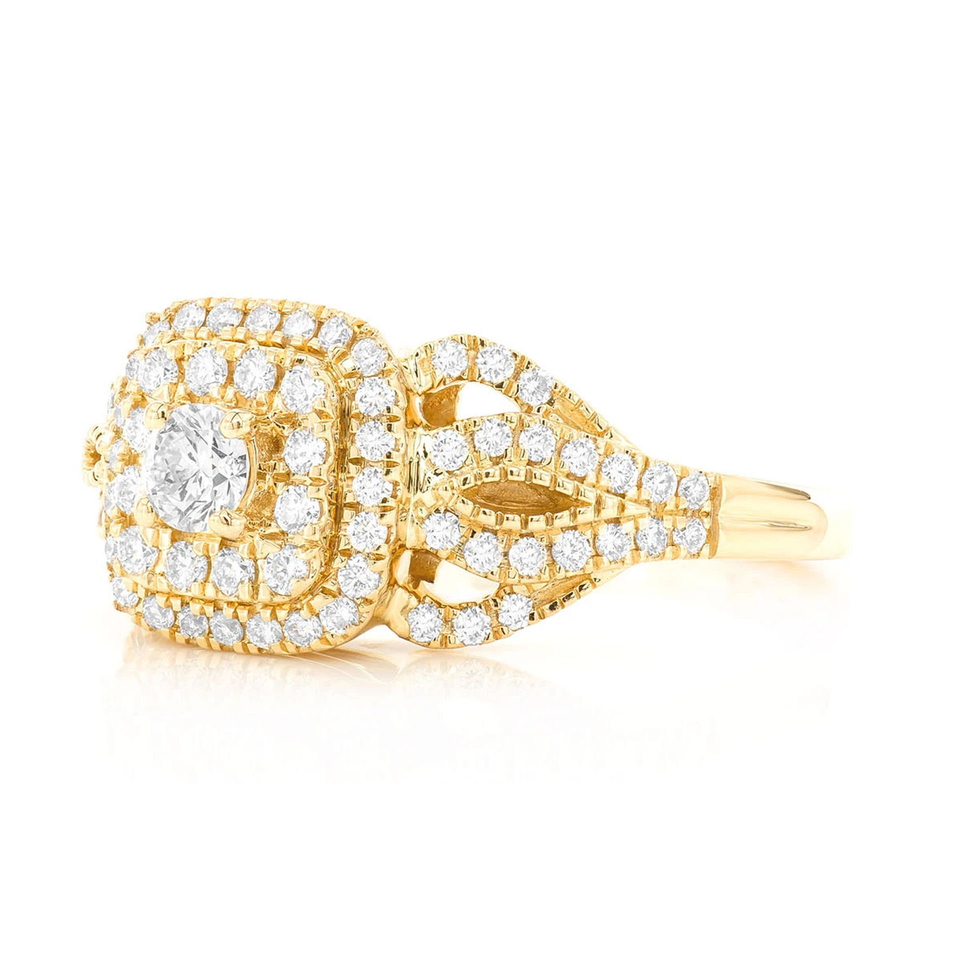 Fancy Shank Cushion Double Halo Ring in 14K yellow gold, side view