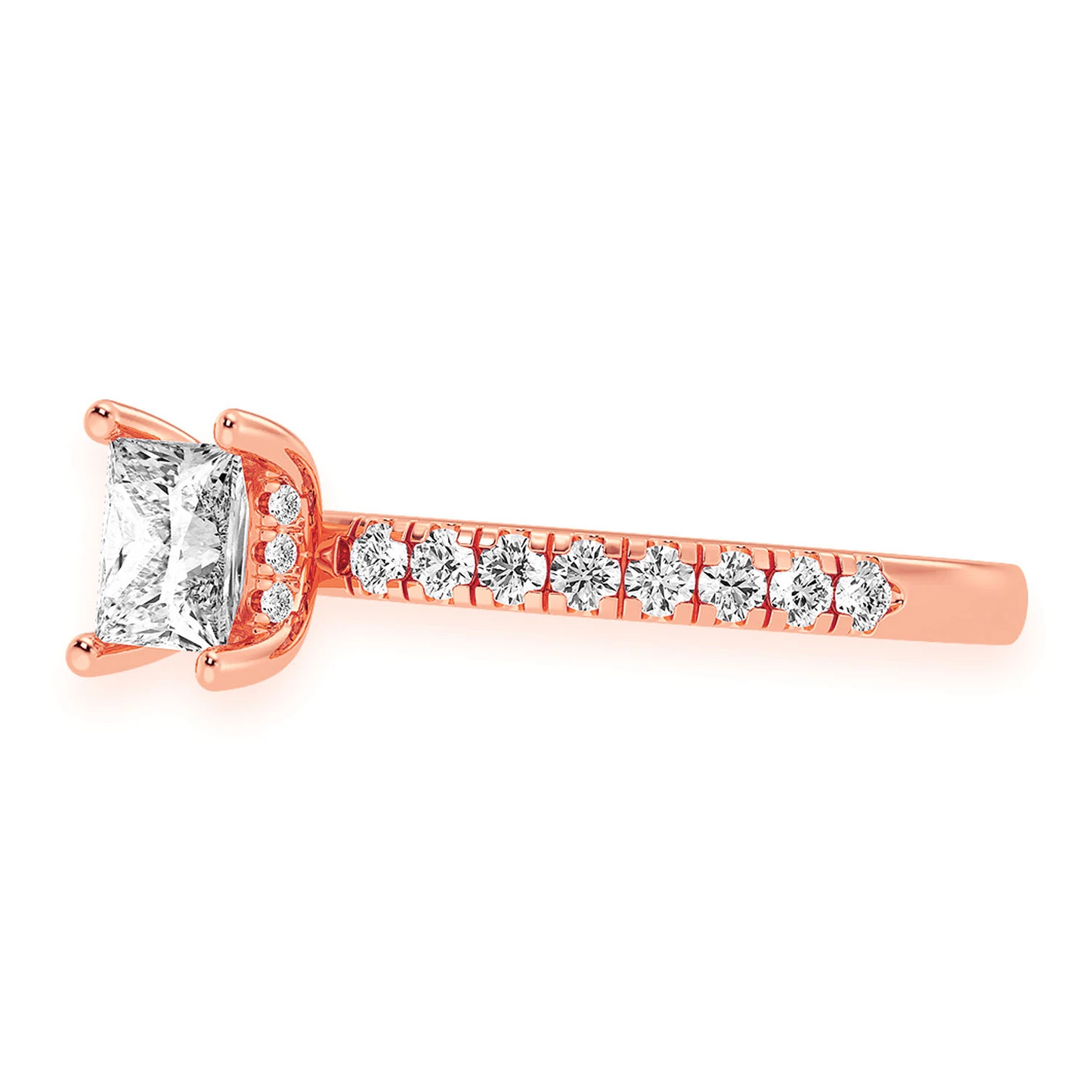 0.75ct Princess Cut Under Halo Diamond Engagement Ring in 14K yellow gold, detail view