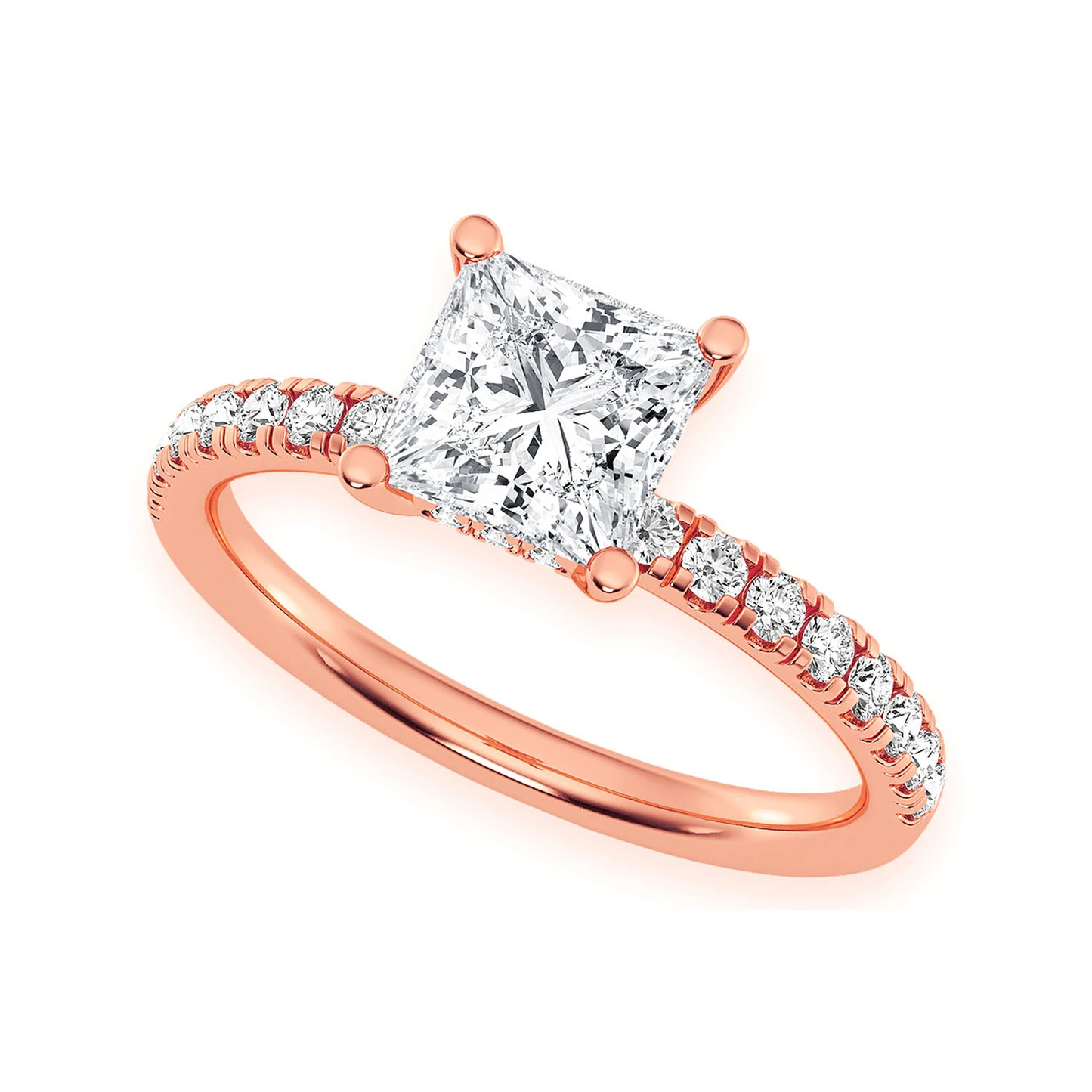 1ct Princess Cut Under Halo Diamond Ring in 14K rose gold, angled view
