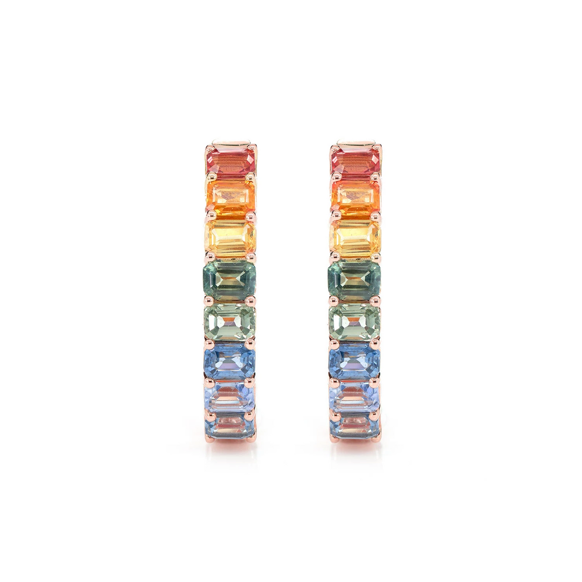 Rainbow Colored Sapphire Inside Outside Diamond Hoop Earrings