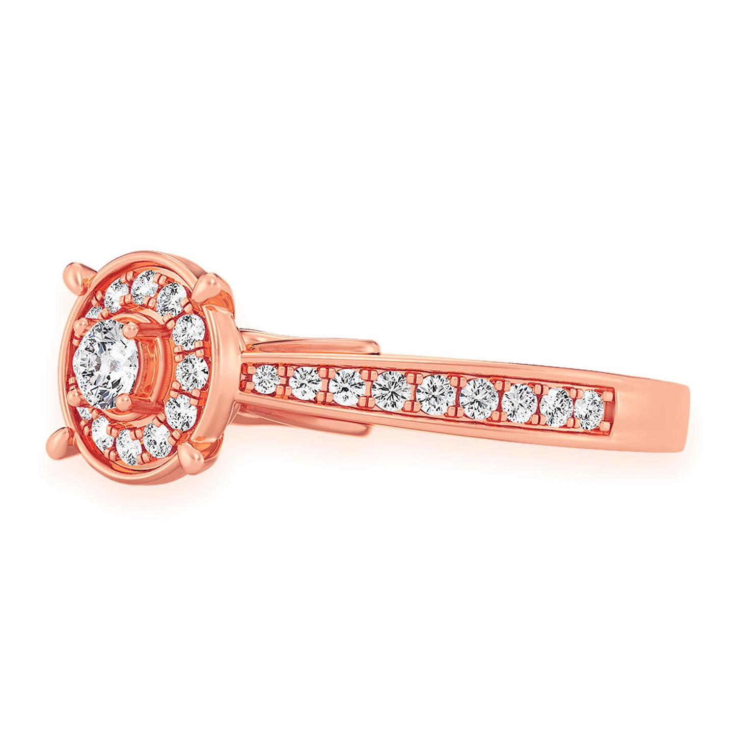 Round Halo Diamond Engagement Ring in 14K rose gold, detail view