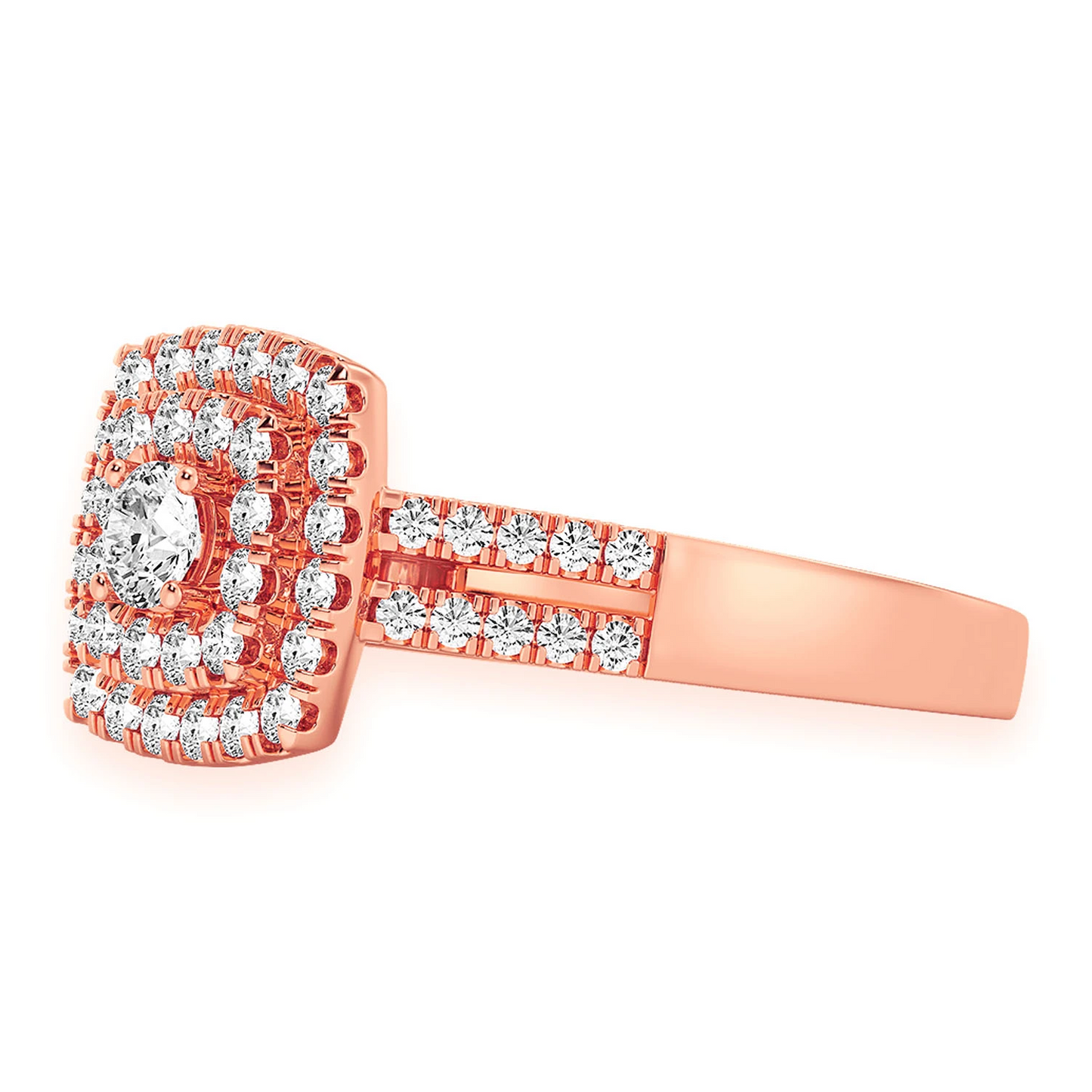 Princess Cut Double Halo Split Shank Ring in 14K rose gold, detail view