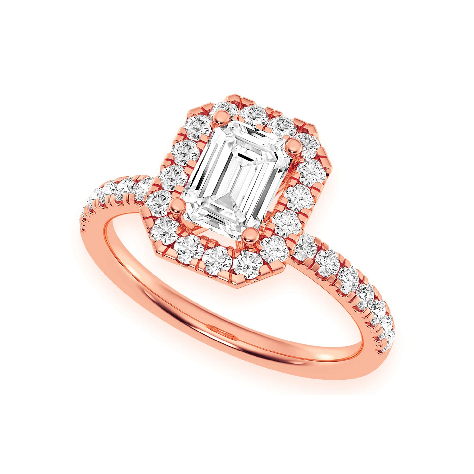 0.75ct Emerald Cut Halo Diamond Engagement Ring in 14K rose gold, detail view