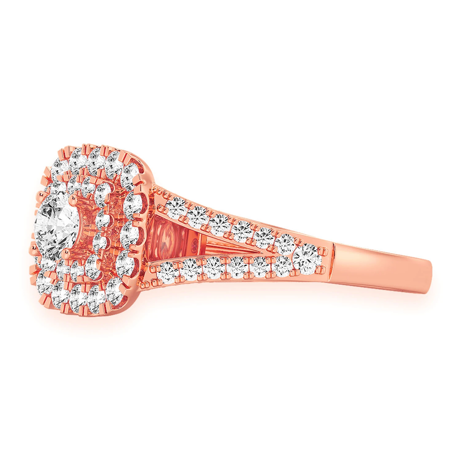 Cushion Double Halo Diamond Ring in 14K rose gold, detail view