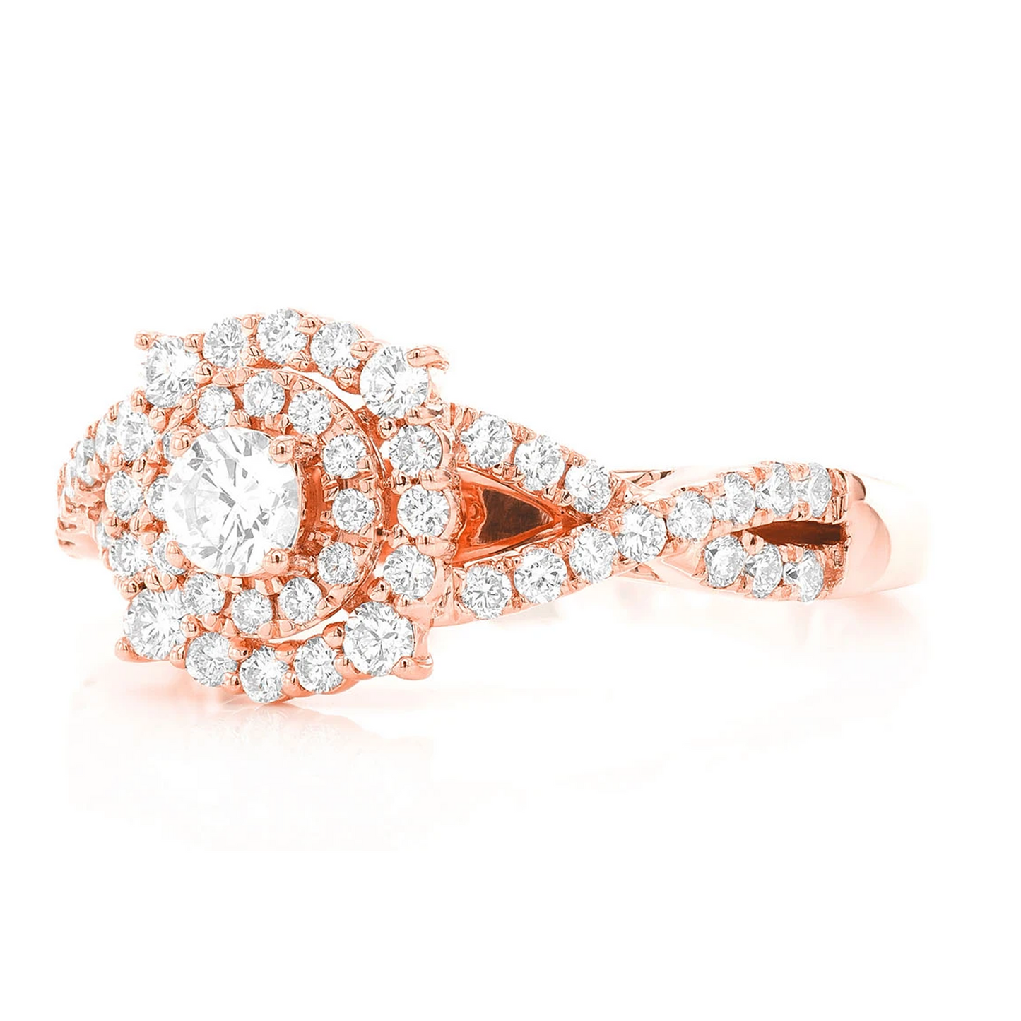 Split Shank Unique Halo Diamond Engagement Ring in 14K rose gold, side view