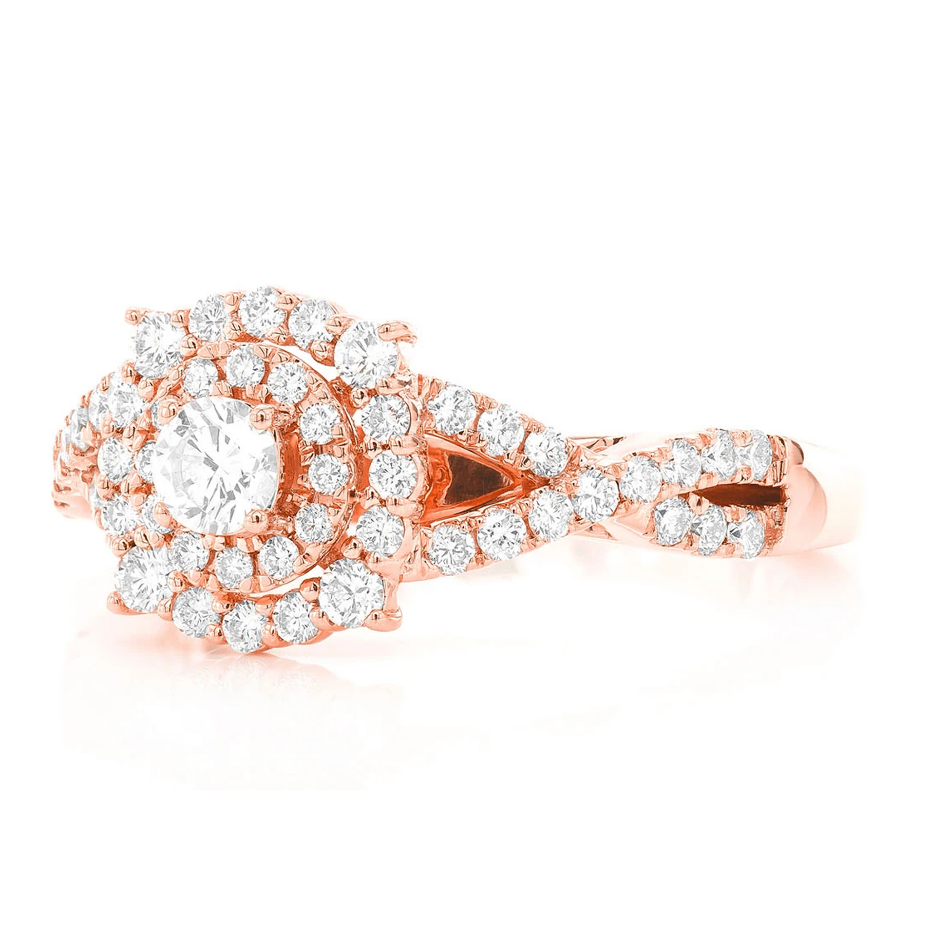 Split Shank Unique Halo Diamond Engagement Ring in 14K rose gold, side view