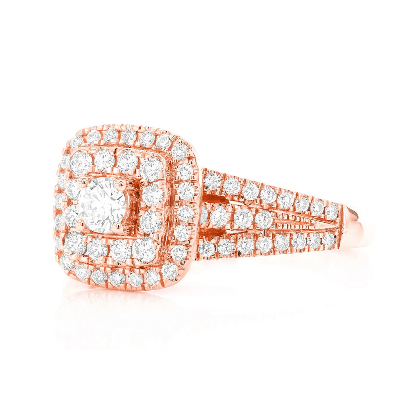 Classic Two Tier Cushion Halo Diamond Ring in 14K rose gold, side view