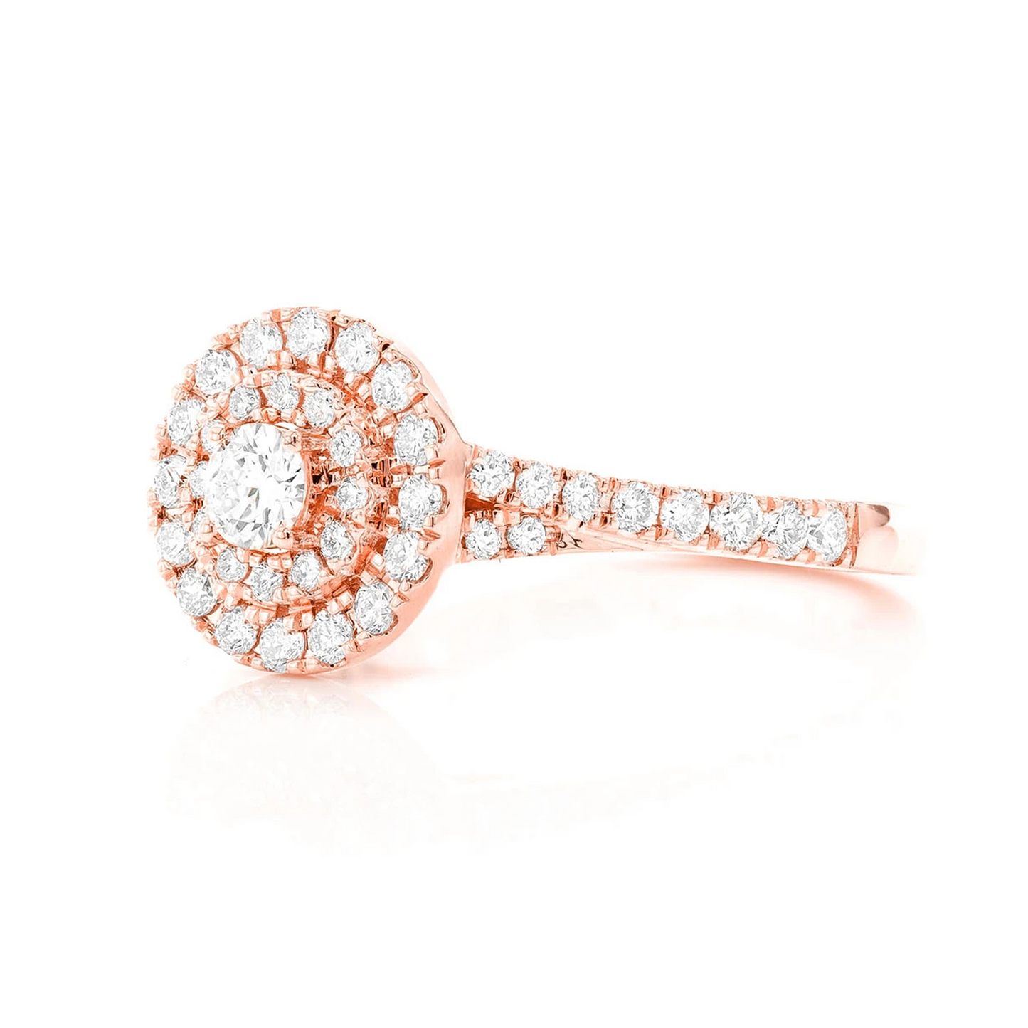 Classic Round Double Halo Diamond Ring in 14K rose gold, side view