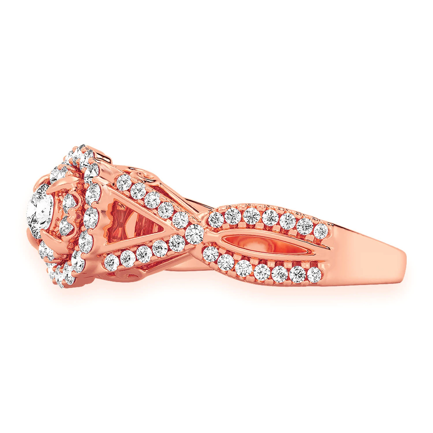 Double Band Halo Diamond Ring in 14K rose gold, detail view