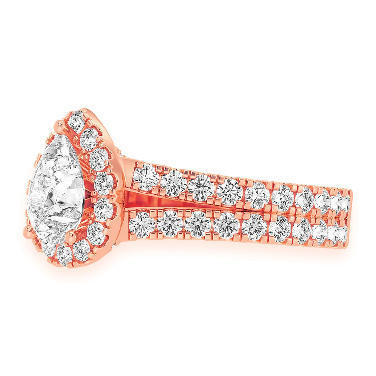 Pear Solitaire Two Row Split Scallop Ring in 14K rose gold, detail view