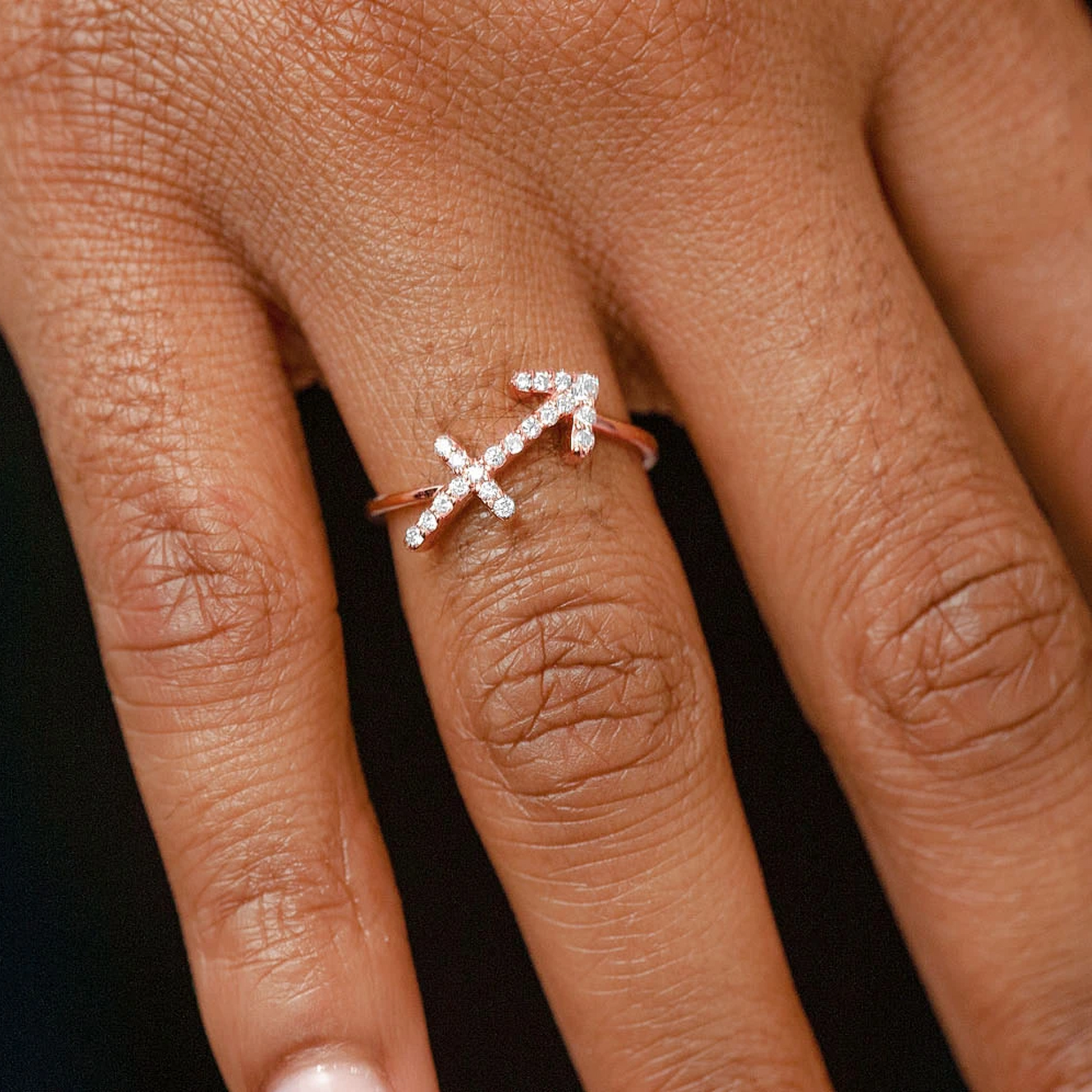 Zodiac Diamond Ring in 14K rose gold, Sigittarius design, alternate view