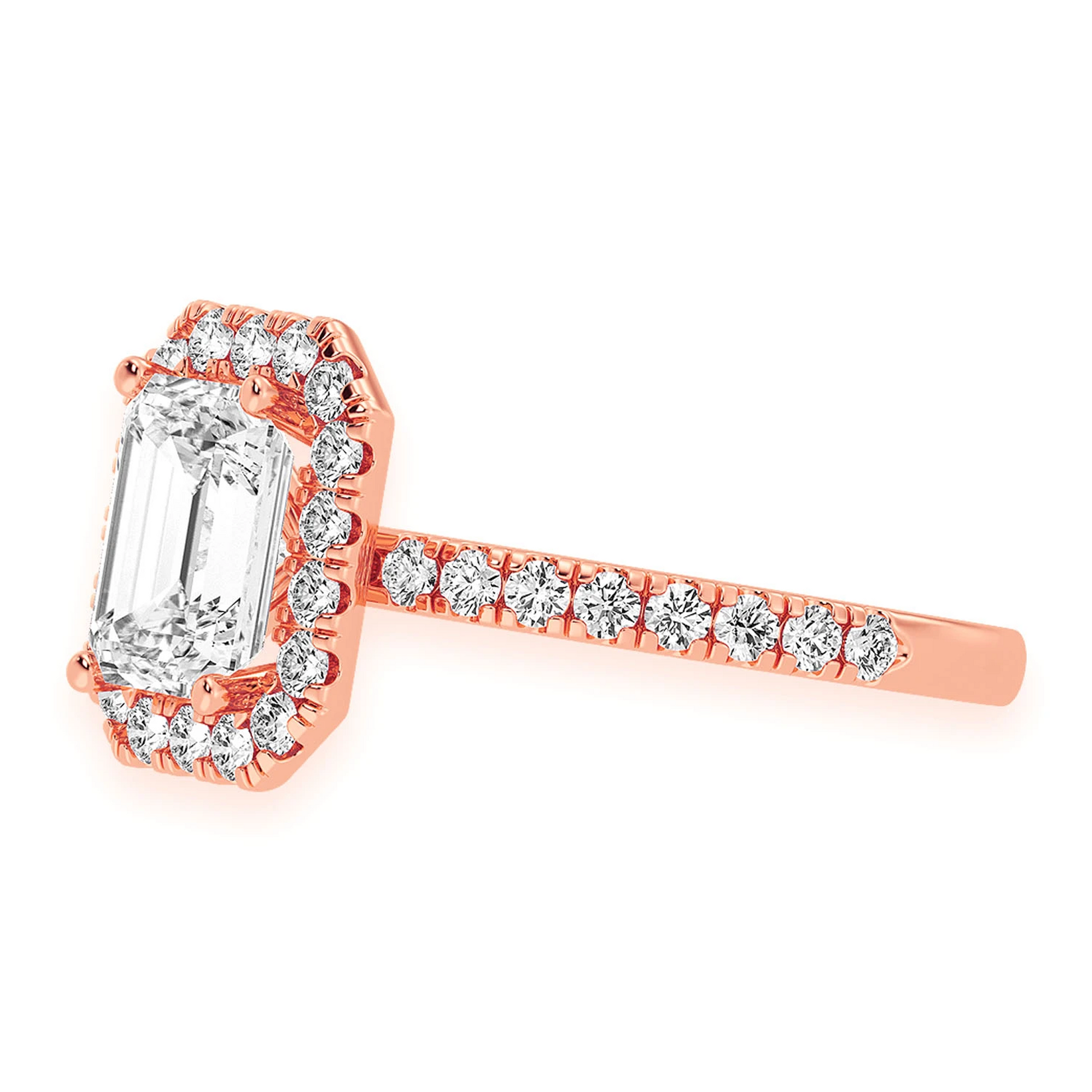 1ct Emerald Cut Scallop Halo Diamond Engagement Ring in 14K rose gold, detail view
