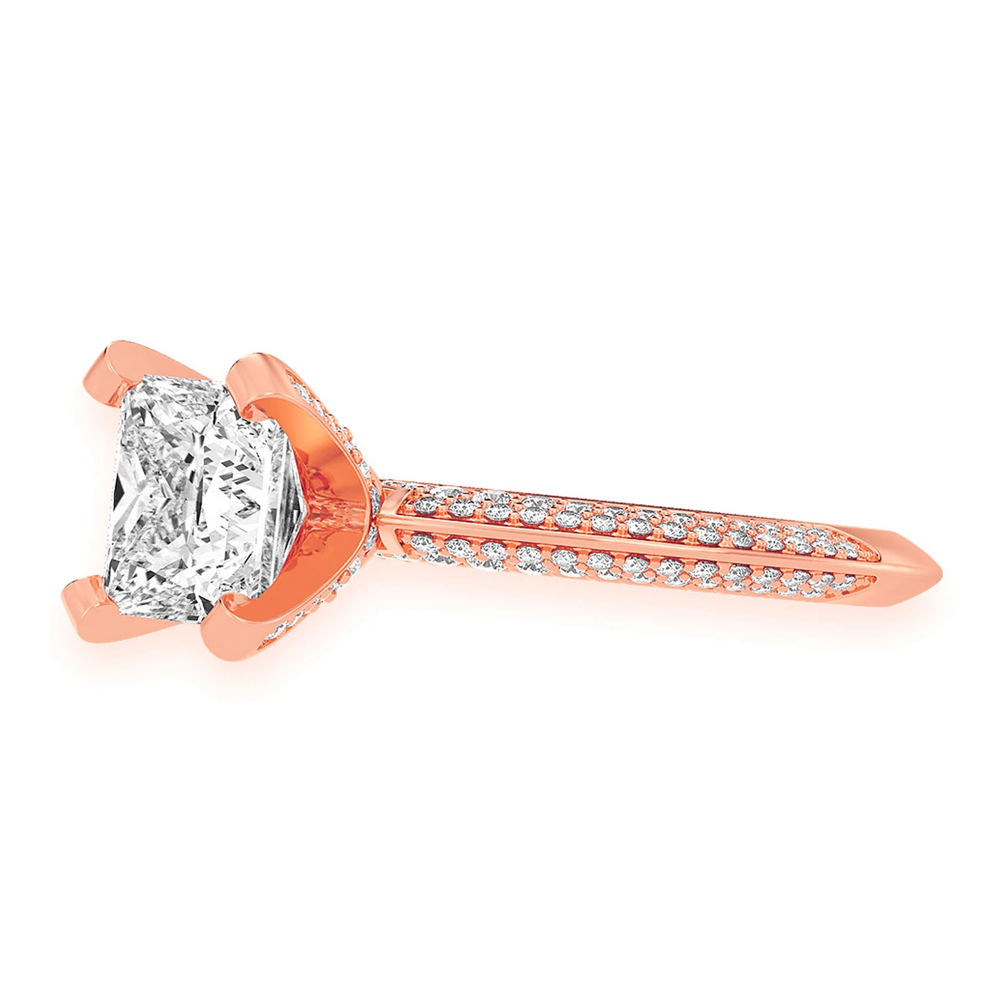 2ct Princess Cut Solitaire Knife Edge Engagement Ring in 14K rose gold, detail view