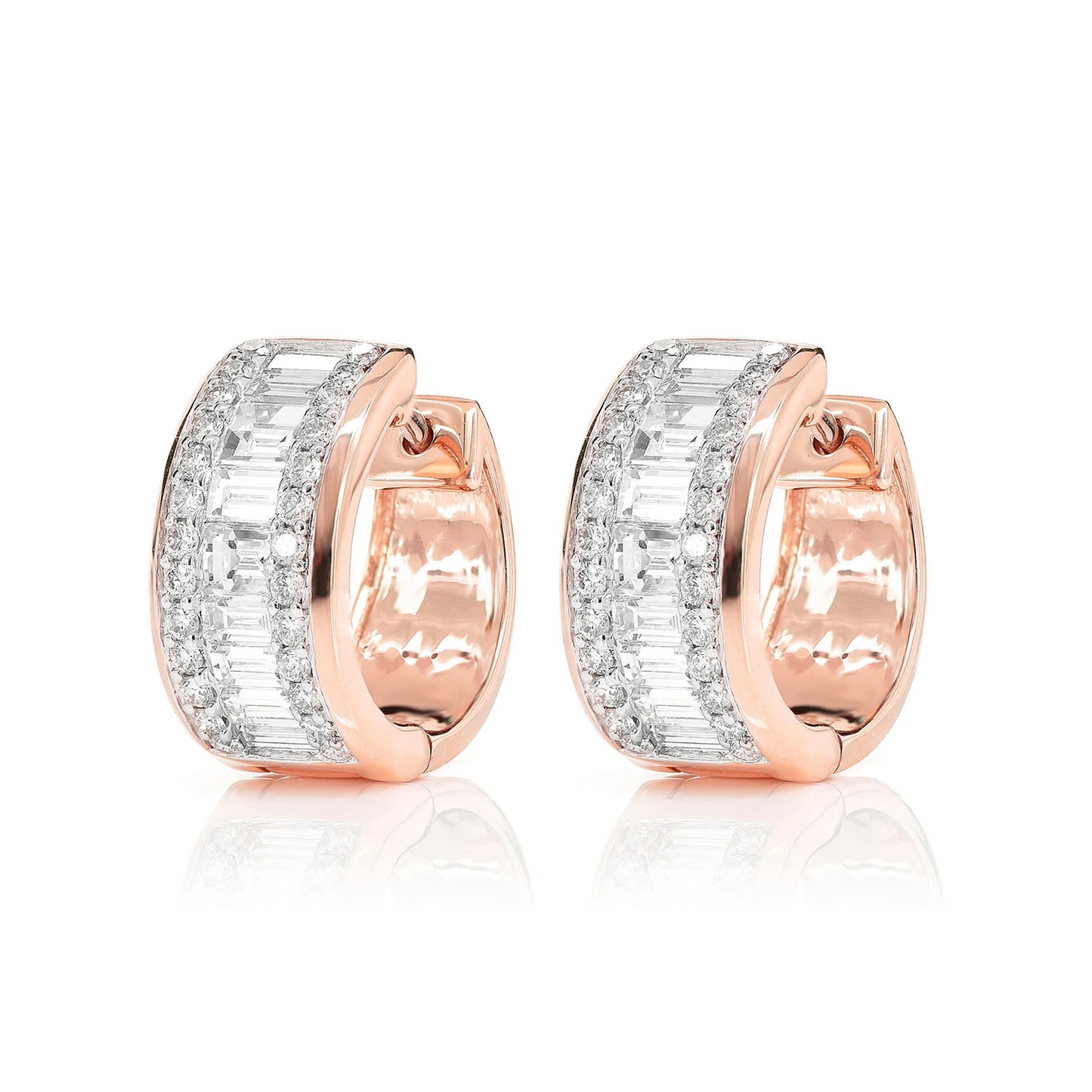 Baguette and Round Diamond Border Hoop Earrings