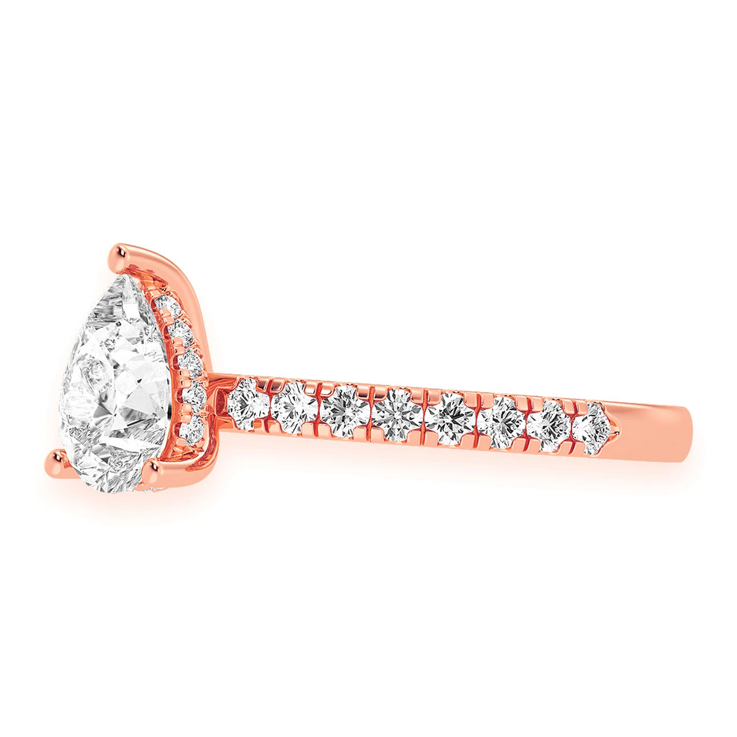 Pear Solitaire One Row Under Halo Ring in 14K rose gold, detail view