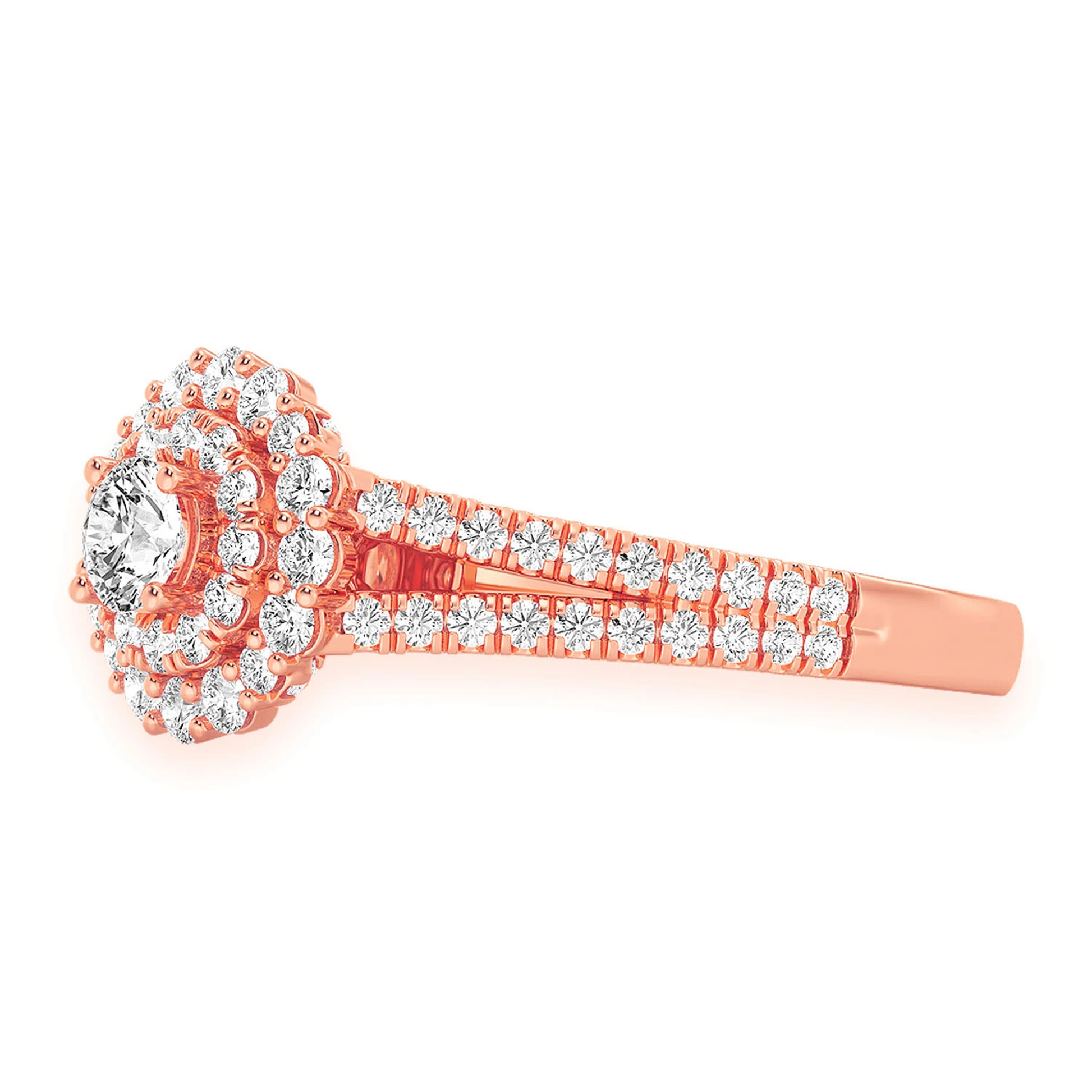 Split Shank Round Double Halo Ring in 14K rose gold, side view