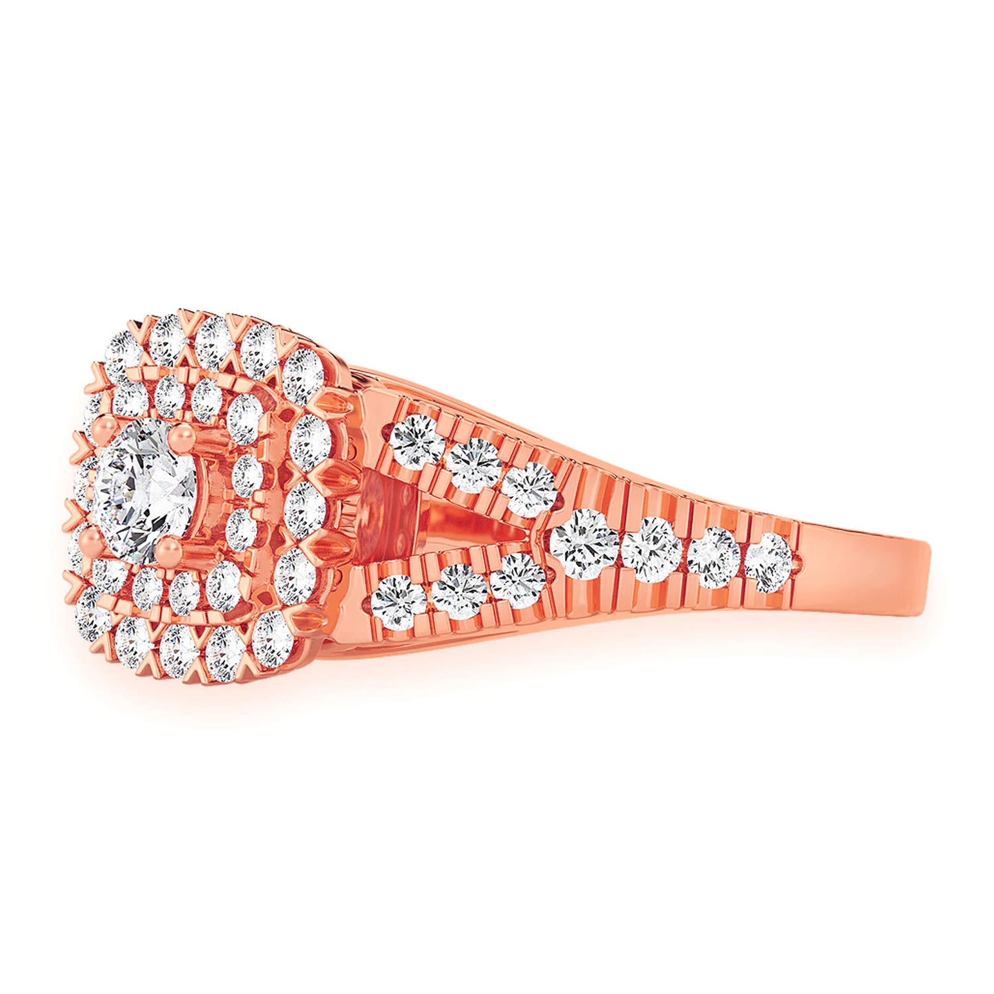 Cushion Double Halo Split Shank Ring in 14K rose gold, detail view