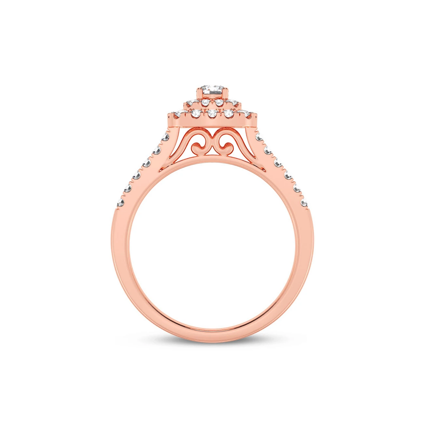 Three Layer Square Halo Engagement Ring in 14K rose gold, detail view