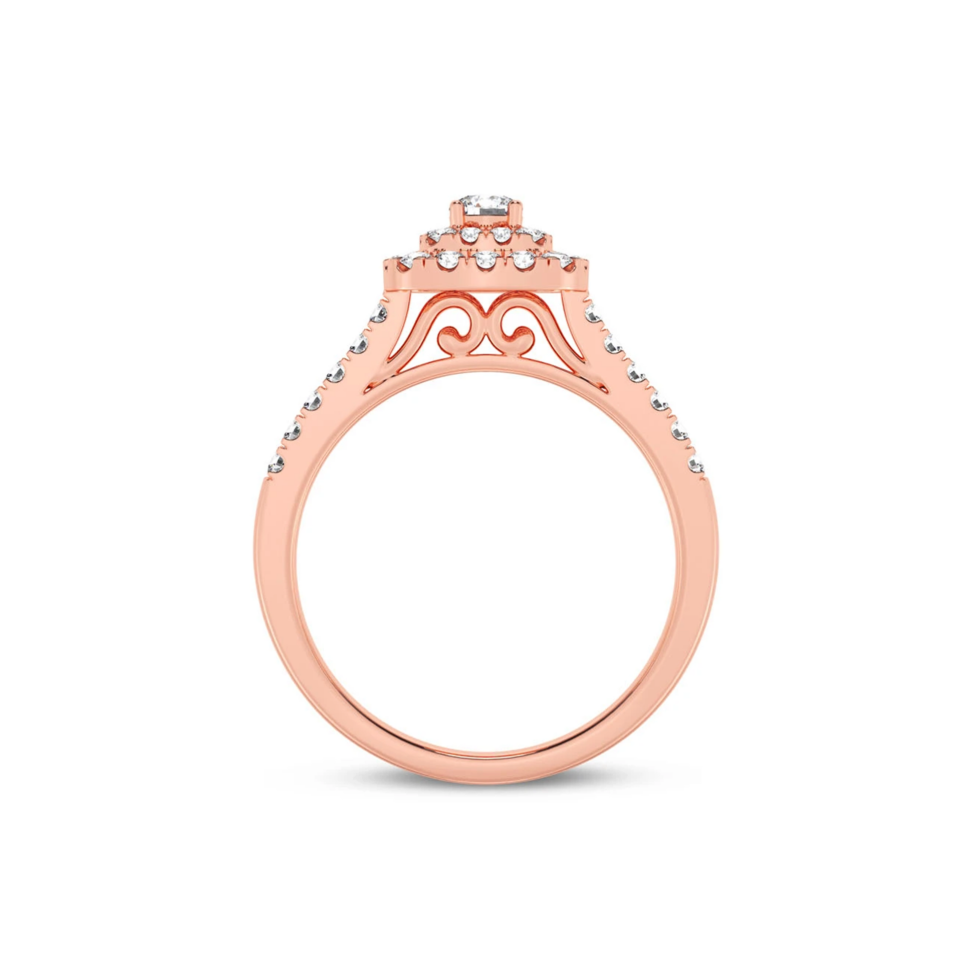 Three Layer Square Halo Engagement Ring in 14K rose gold, detail view